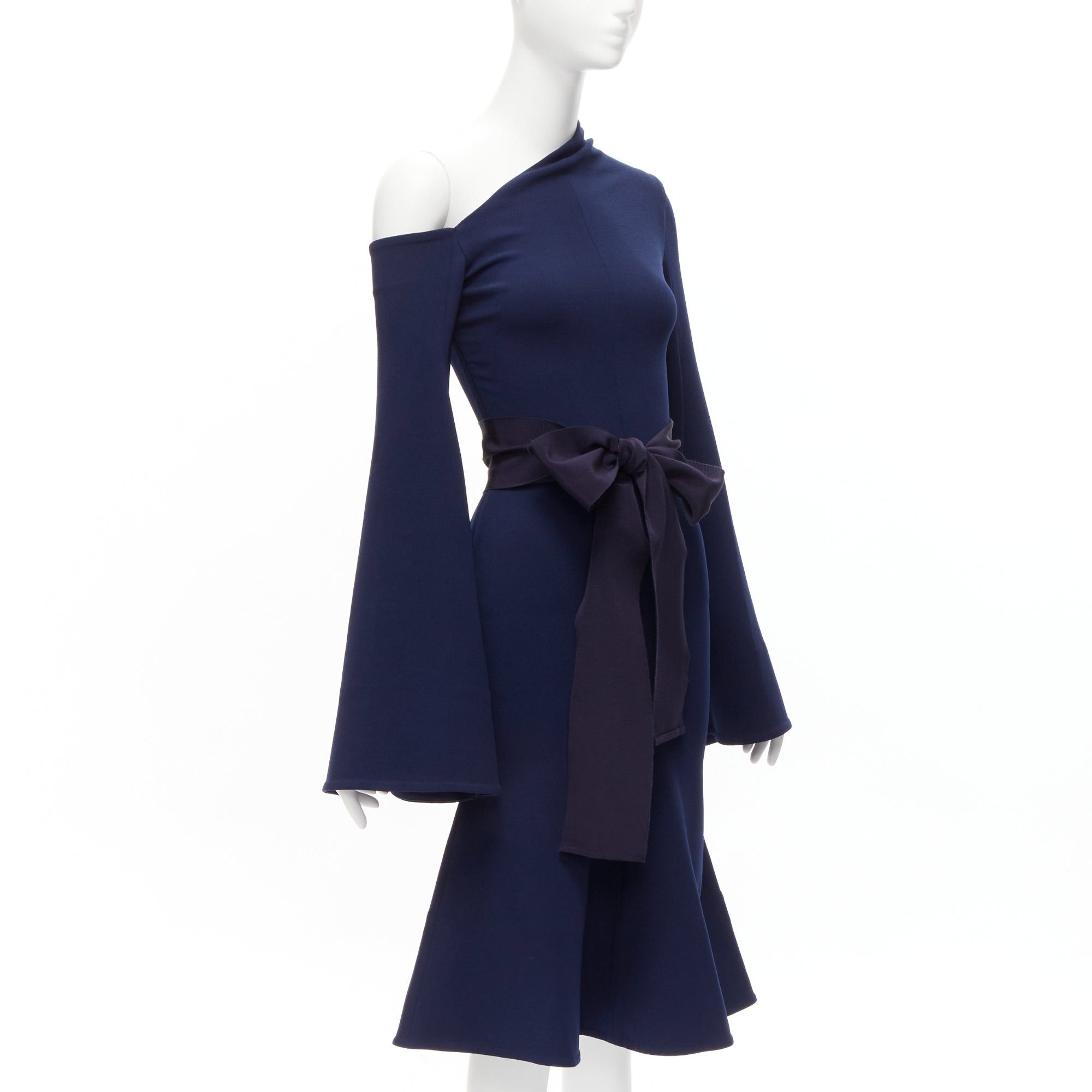 Solace London SOLACE LONDON Haso navy blue asymmetric stretch crepe bell sleeves belted dress UK4 XXS Size XS / US 0-2 / IT 36-38 - 3 Thumbnail