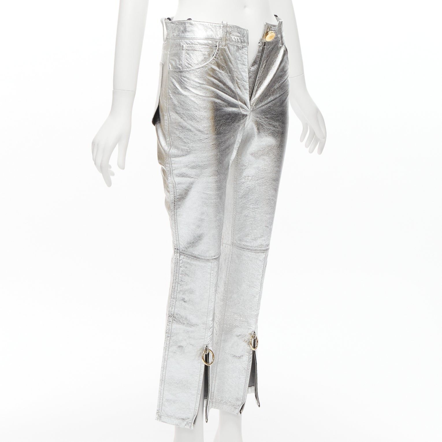 Petar Petrov PETAR PETROV silver genuine leather gold ring zip moto pants FR36 S Size 27" / US 4 / IT 40 - 3 Thumbnail