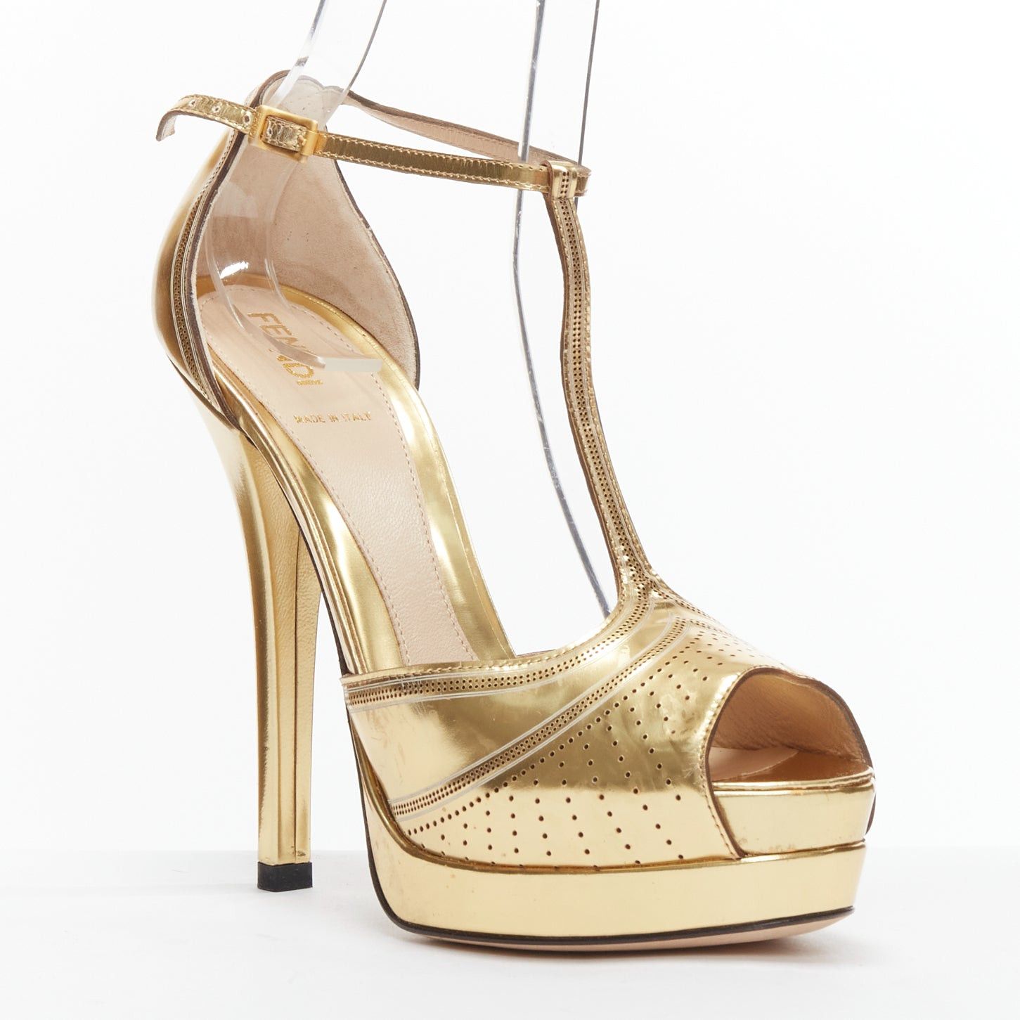 Fendi FENDI Flo metallic gold leather perforated tstrap peep toe platforms EU38 Size US 8 / IT 38 - 2 Thumbnail
