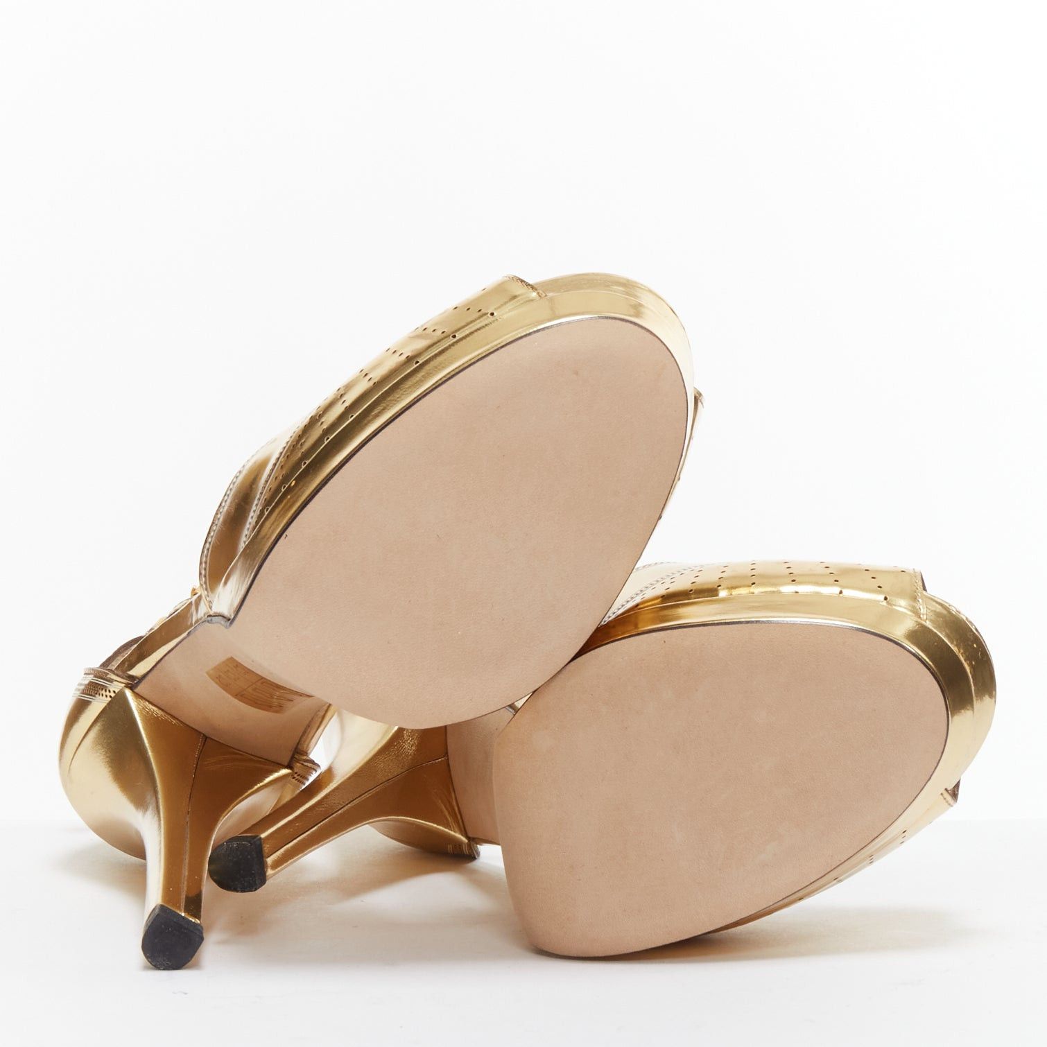 Fendi FENDI Flo metallic gold leather perforated tstrap peep toe platforms EU38 Size US 8 / IT 38 - 11 Thumbnail