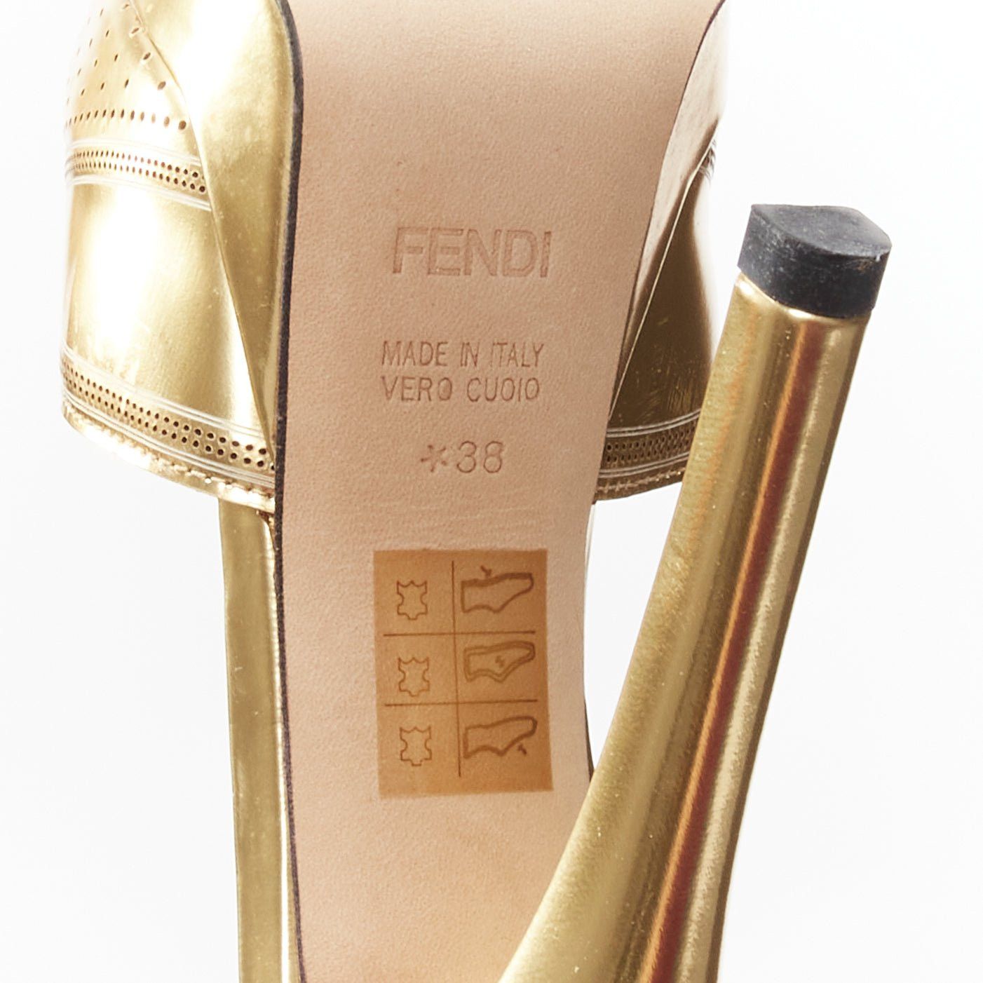 Fendi FENDI Flo metallic gold leather perforated tstrap peep toe platforms EU38 Size US 8 / IT 38 - 10 Thumbnail