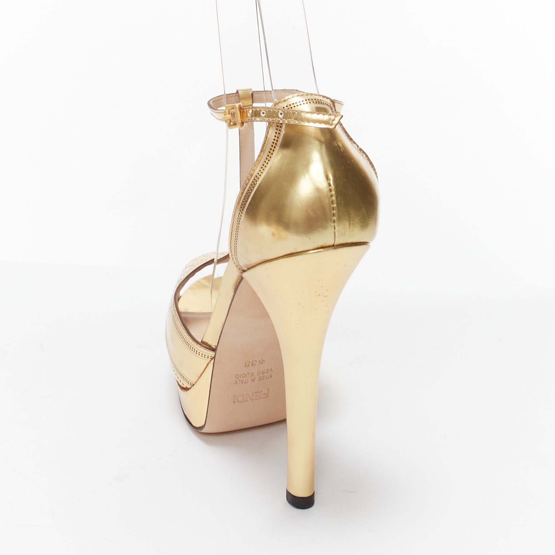 Fendi FENDI Flo metallic gold leather perforated tstrap peep toe platforms EU38 Size US 8 / IT 38 - 8 Thumbnail