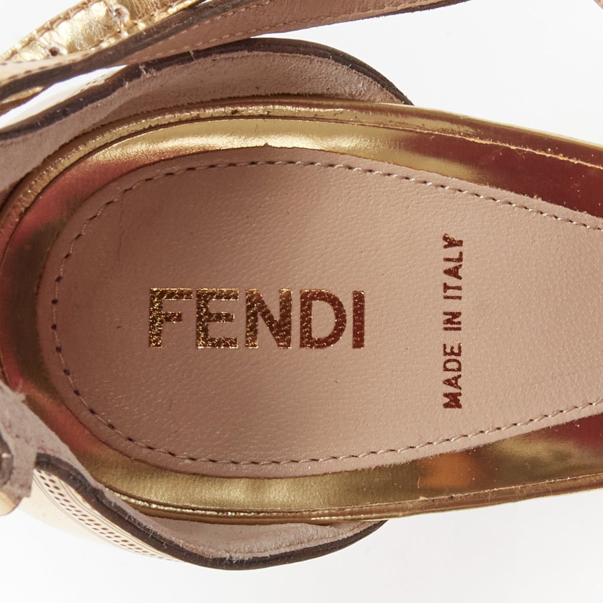 Fendi FENDI Flo metallic gold leather perforated tstrap peep toe platforms EU38 Size US 8 / IT 38 - 9 Thumbnail
