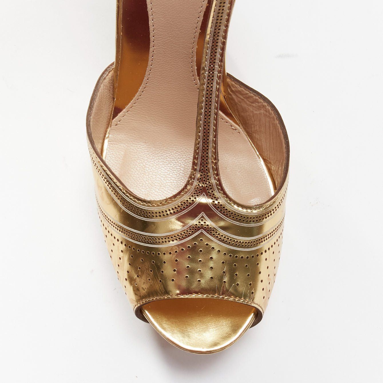 Fendi FENDI Flo metallic gold leather perforated tstrap peep toe platforms EU38 Size US 8 / IT 38 - 6 Thumbnail