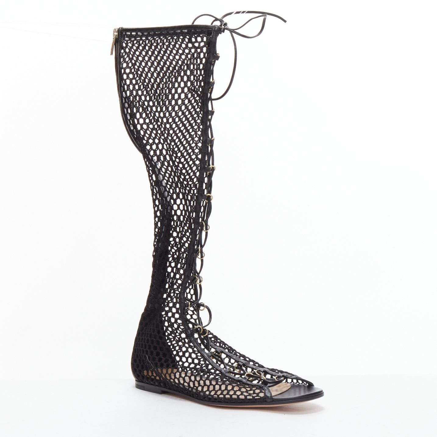 Gianvito Rossi GIANVITO ROSSI Helena black crochet mesh gold rings lace up sandals EU38 Size US 8 / IT 38 - 2 Thumbnail