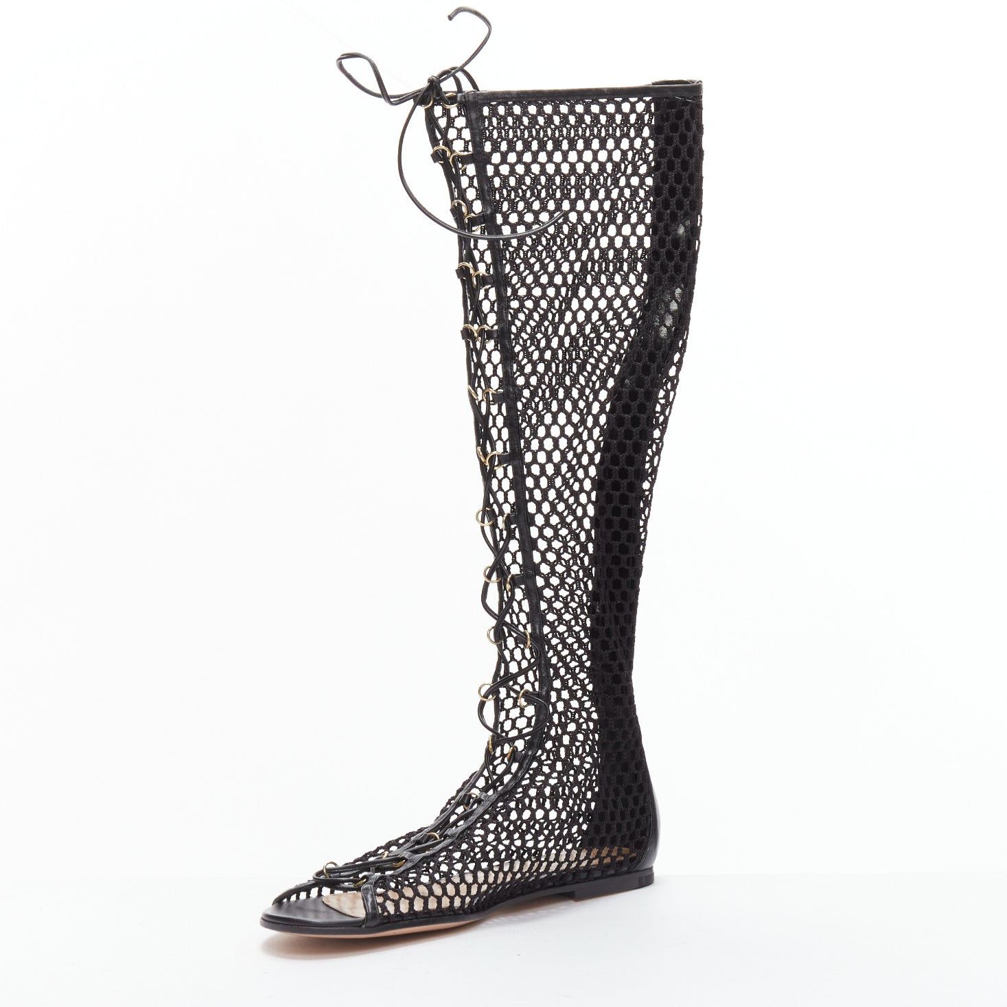 Gianvito Rossi GIANVITO ROSSI Helena black crochet mesh gold rings lace up sandals EU38 Size US 8 / IT 38 - 4 Thumbnail