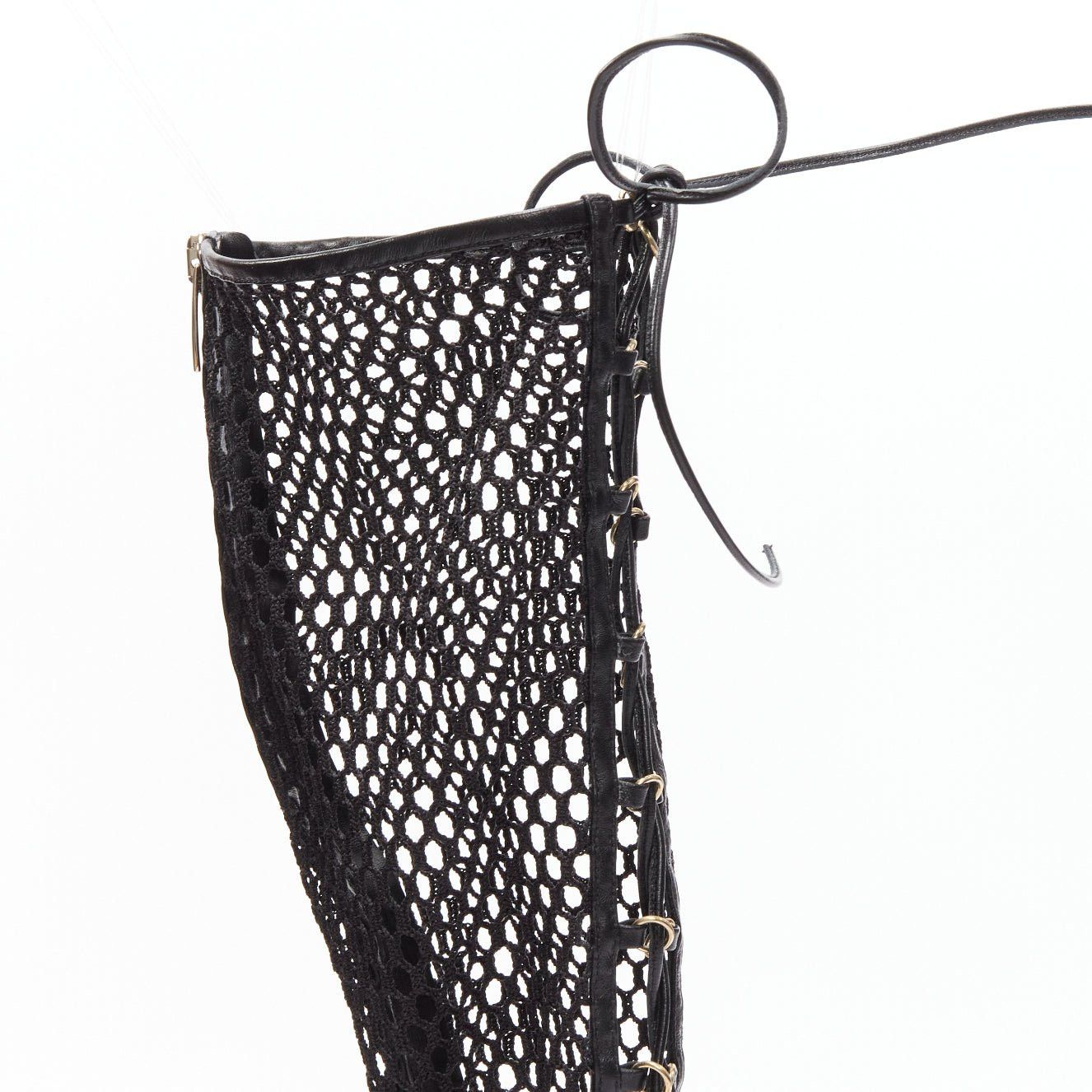 Gianvito Rossi GIANVITO ROSSI Helena black crochet mesh gold rings lace up sandals EU38 Size US 8 / IT 38 - 8 Thumbnail