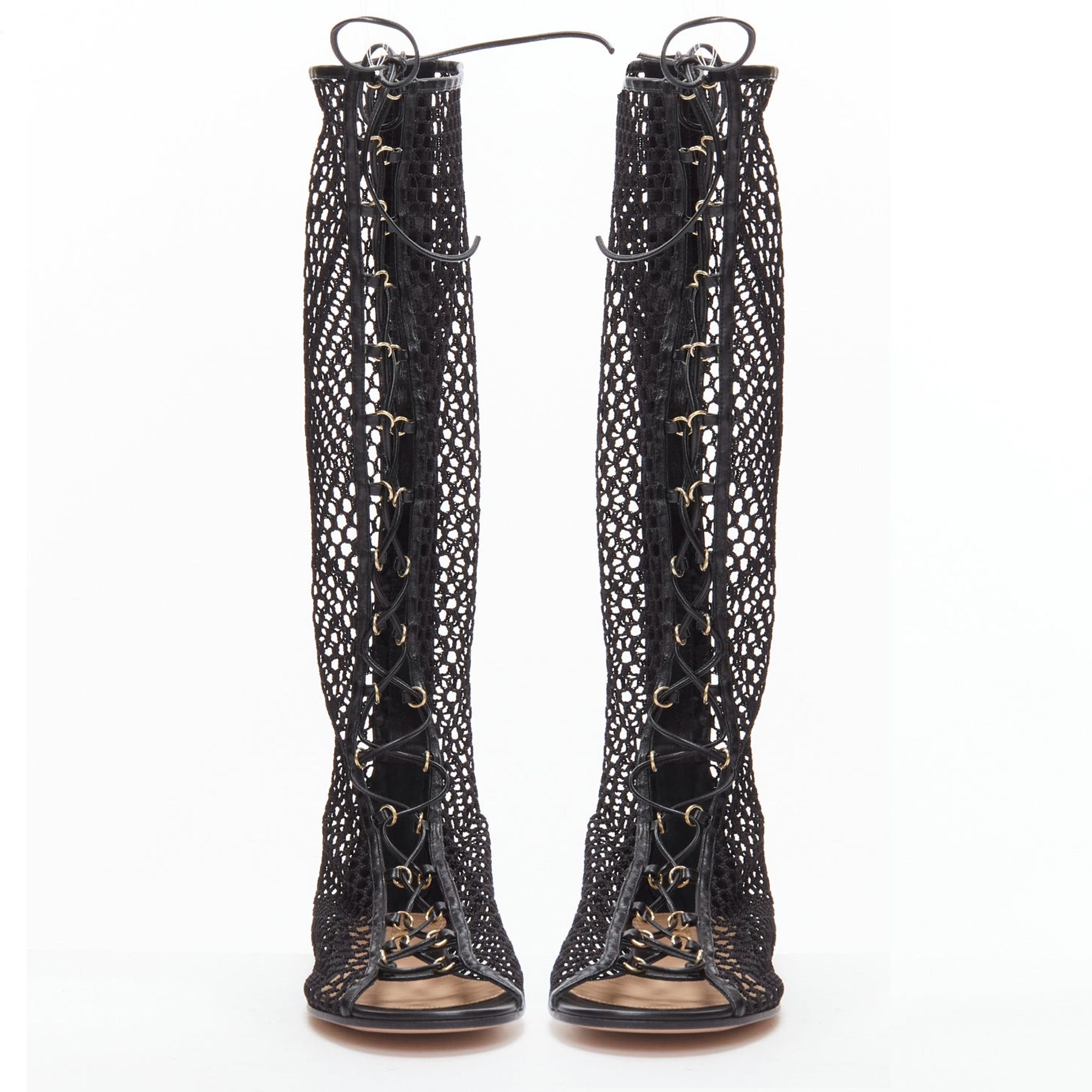 Gianvito Rossi GIANVITO ROSSI Helena black crochet mesh gold rings lace up sandals EU38 Size US 8 / IT 38 - 3 Thumbnail