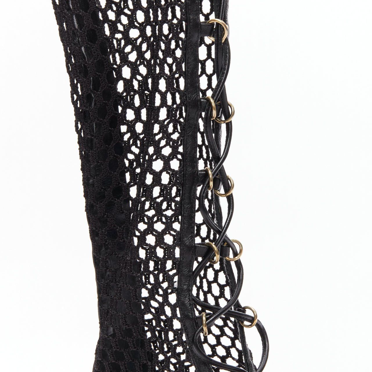 Gianvito Rossi GIANVITO ROSSI Helena black crochet mesh gold rings lace up sandals EU38 Size US 8 / IT 38 - 7 Thumbnail