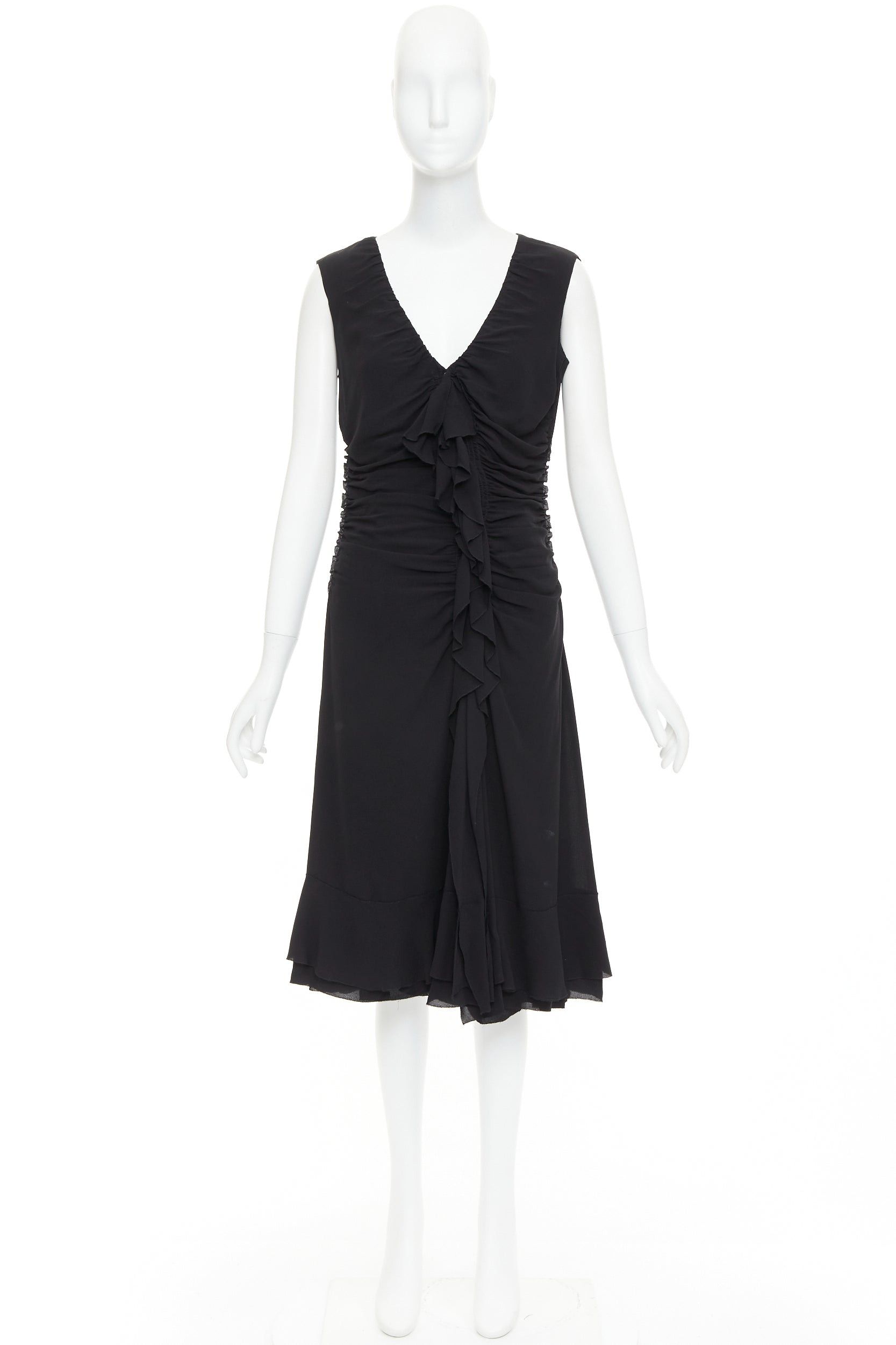 Prada PRADA Vintage black silk ruched ruffle front V neck dress IT44 L Size M / US 6-8 / IT 42-44 - 9 Thumbnail