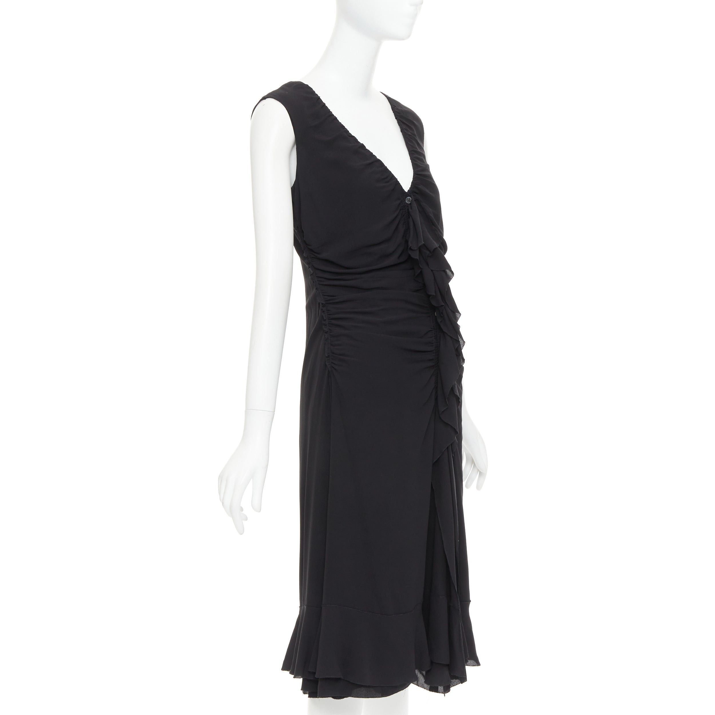 Prada PRADA Vintage black silk ruched ruffle front V neck dress IT44 L Size M / US 6-8 / IT 42-44 - 3 Thumbnail