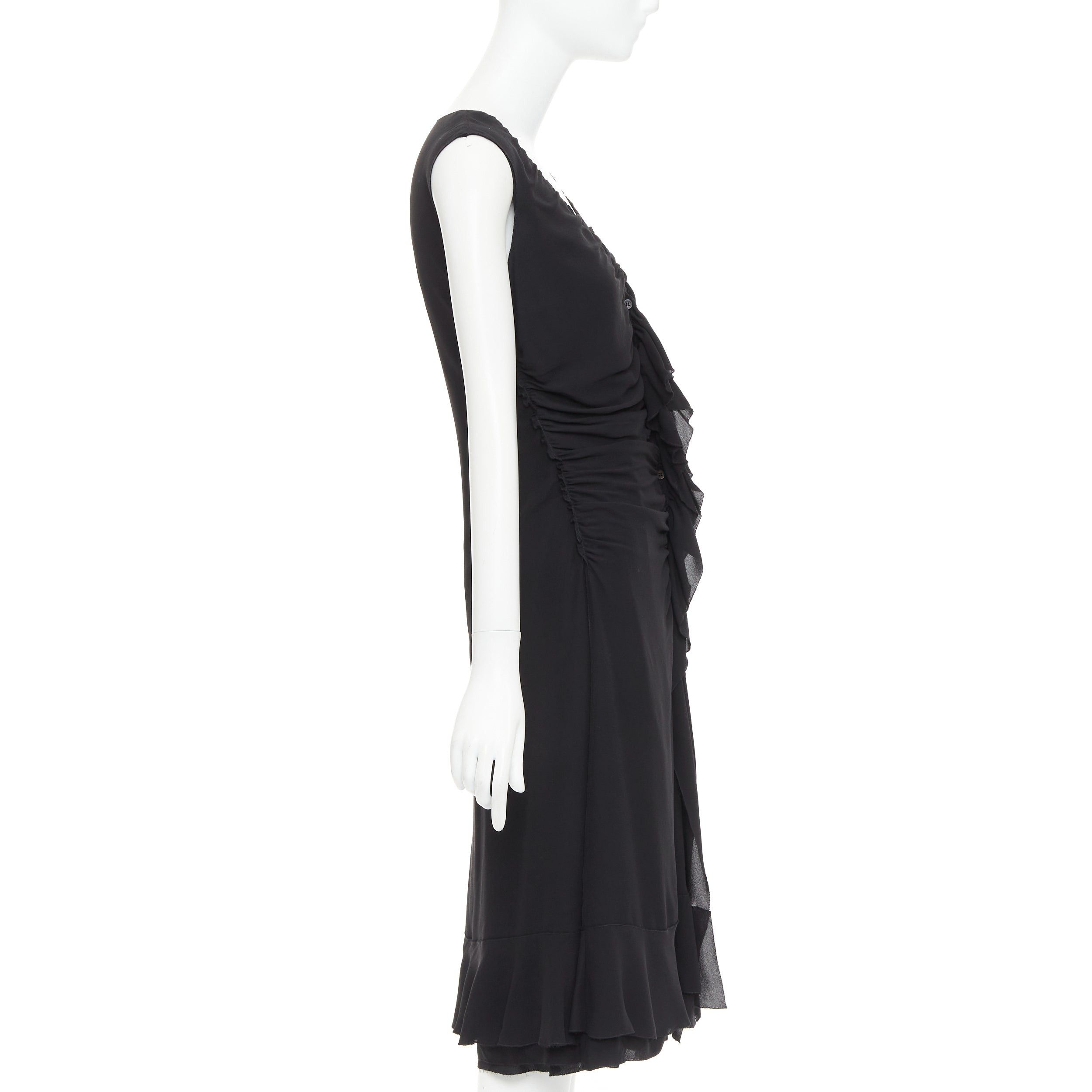 Prada PRADA Vintage black silk ruched ruffle front V neck dress IT44 L Size M / US 6-8 / IT 42-44 - 4 Thumbnail