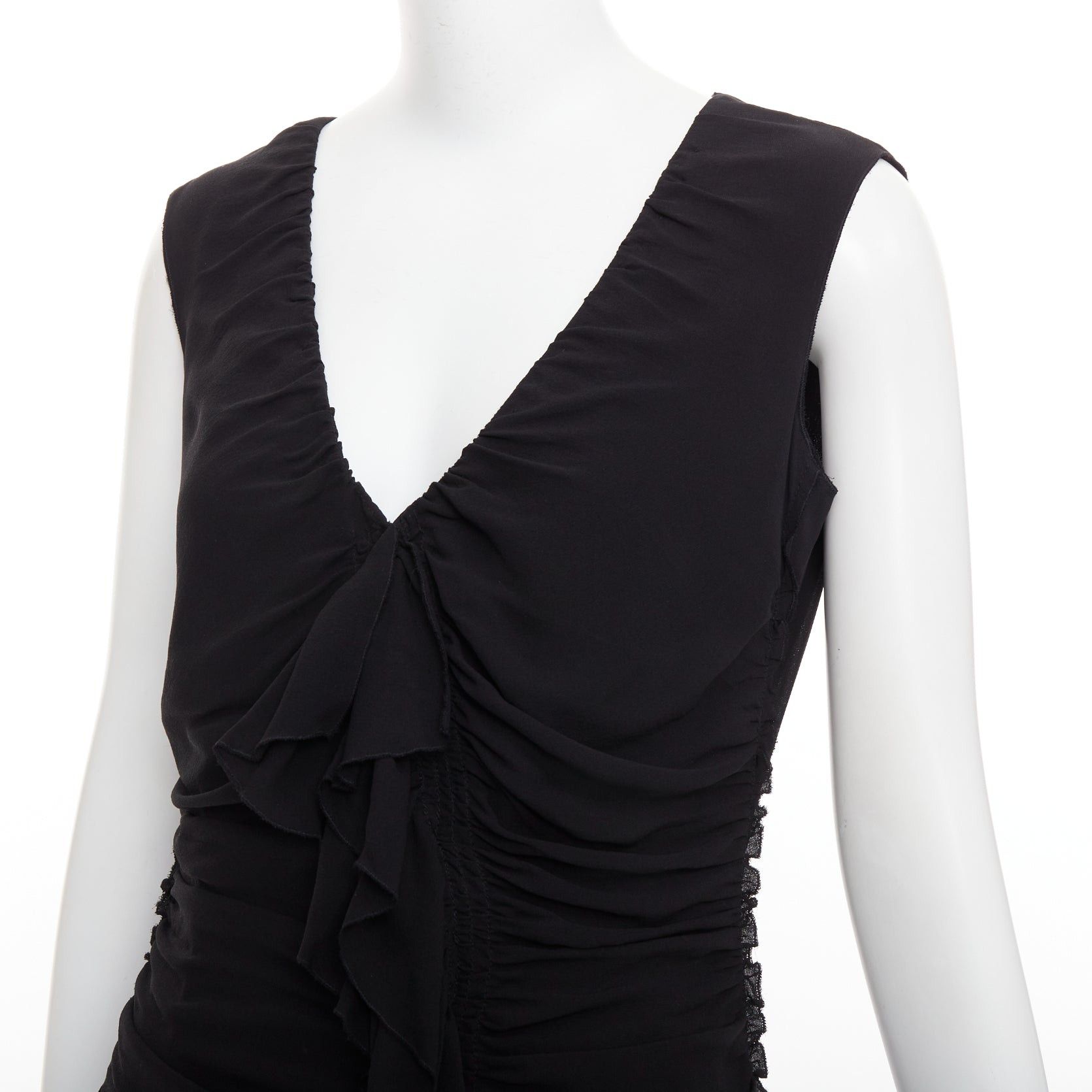 Prada PRADA Vintage black silk ruched ruffle front V neck dress IT44 L Size M / US 6-8 / IT 42-44 - 2 Thumbnail