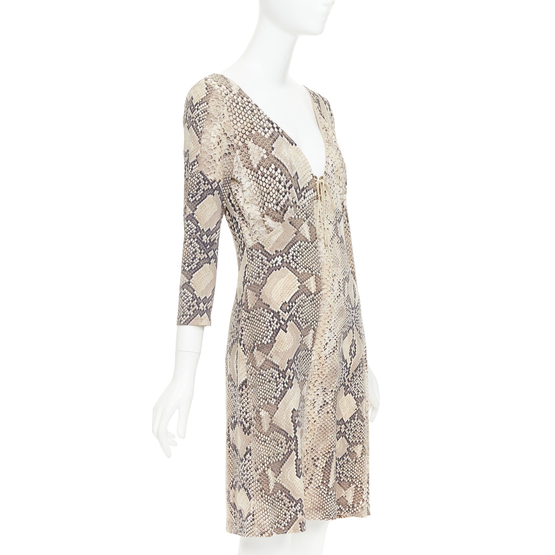 Roberto Cavalli ROBERTO CAVALLI Vintage scaled leather print lace detail V neck dress IT42 M Size M / US 6-8 / IT 42-44 - 3 Thumbnail