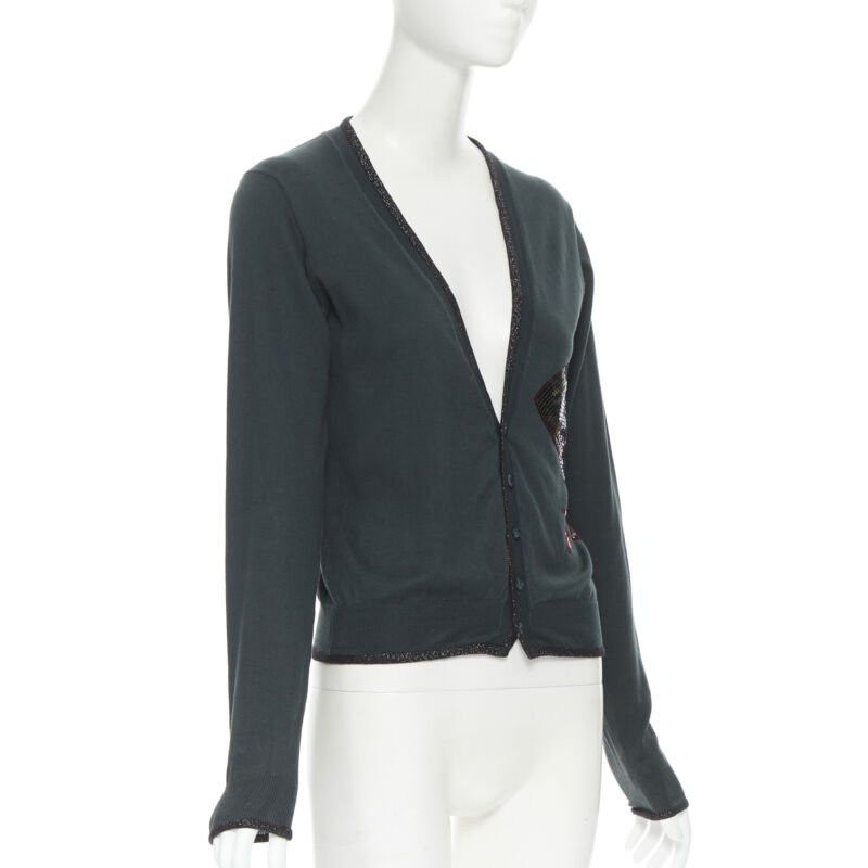 Undercover UNDERCOVER dark green cotton sequins floral patch lurex trimmed cardigan JP1 S Size S / US 4 / IT 40 - 3 Thumbnail