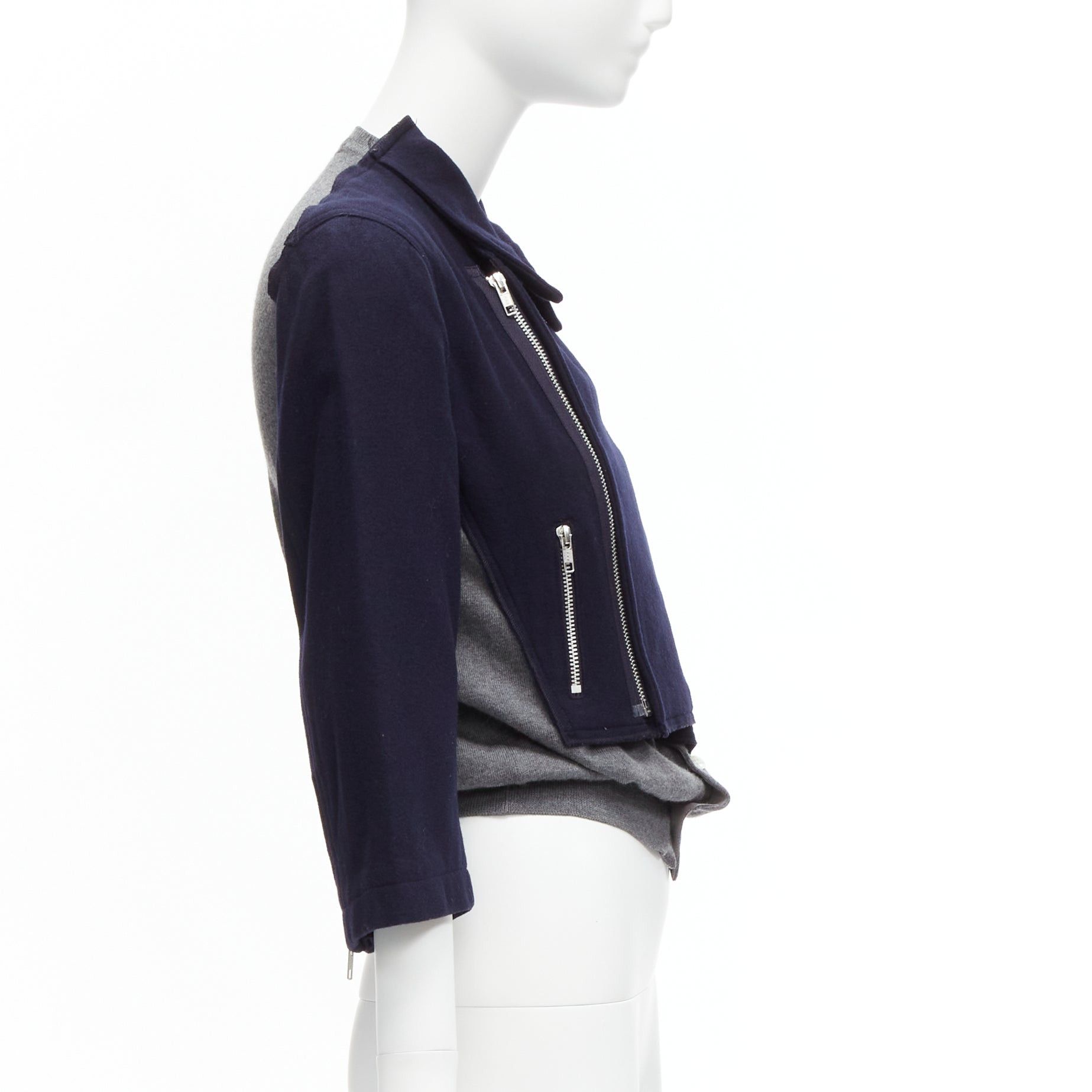 Comme des Garcons COMME DES GARCONS 100% wool navy grey deconstructed hybrid biker cropped cardigan S Size S / US 4 / IT 40 - 4 Thumbnail