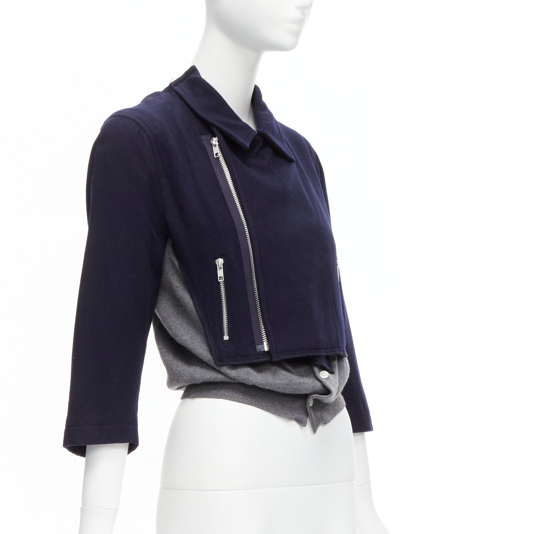 Comme des Garcons COMME DES GARCONS 100% wool navy grey deconstructed hybrid biker cropped cardigan S Size S / US 4 / IT 40 - 2 Thumbnail