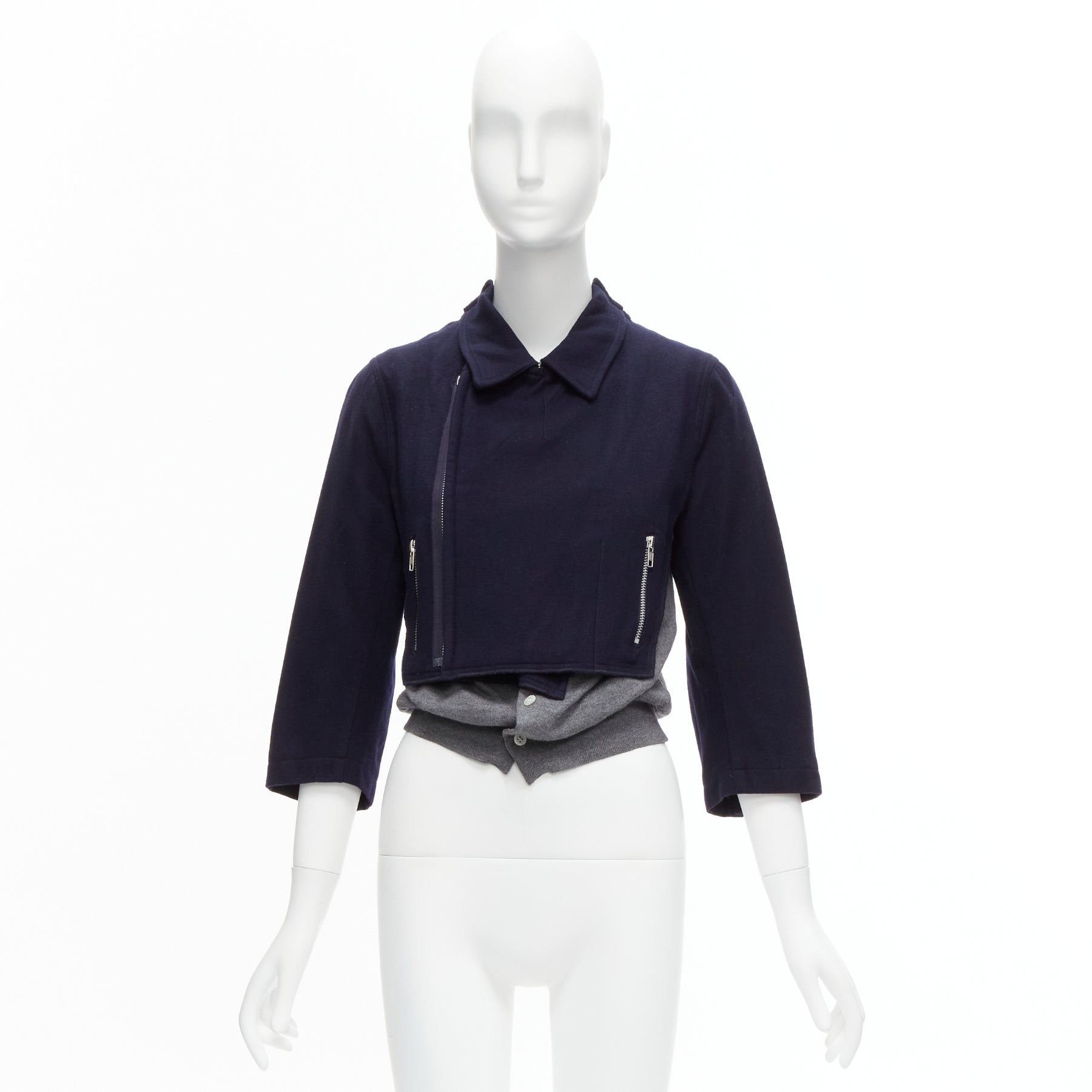 Comme des Garcons COMME DES GARCONS 100% wool navy grey deconstructed hybrid biker cropped cardigan S Size S / US 4 / IT 40 - 11 Thumbnail