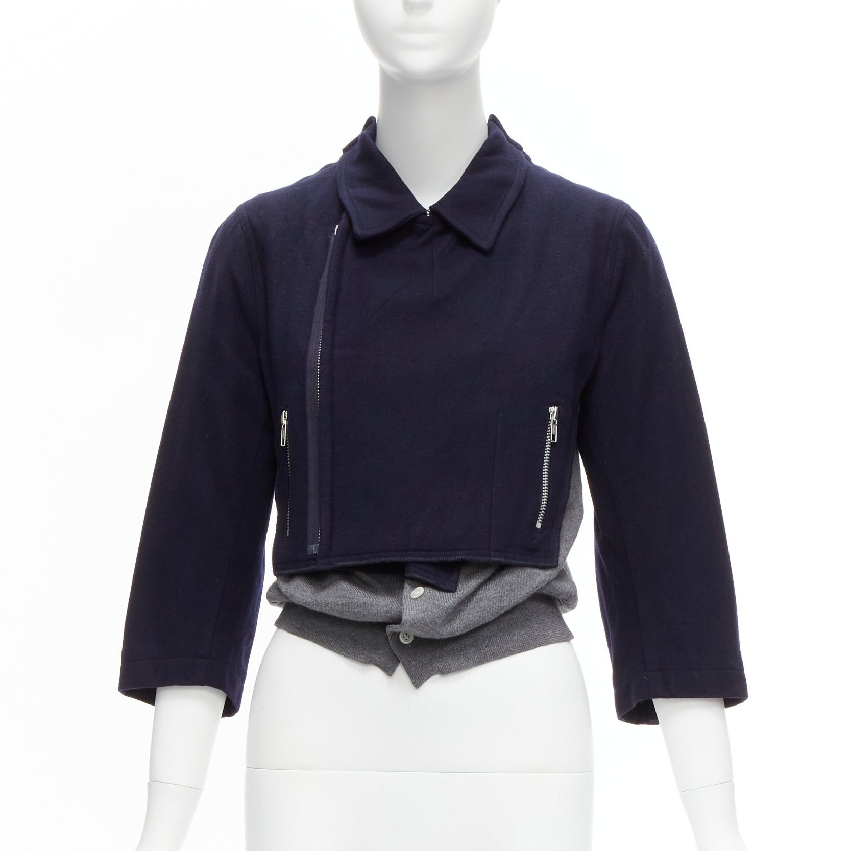 Comme des Garcons COMME DES GARCONS 100% wool navy grey deconstructed hybrid biker cropped cardigan S Size S / US 4 / IT 40 - 3 Thumbnail