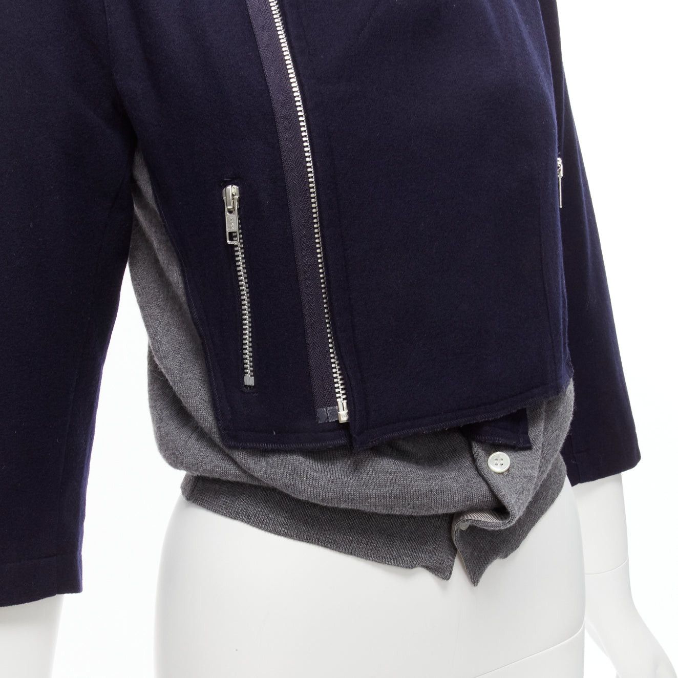 Comme des Garcons COMME DES GARCONS 100% wool navy grey deconstructed hybrid biker cropped cardigan S Size S / US 4 / IT 40 - 8 Thumbnail