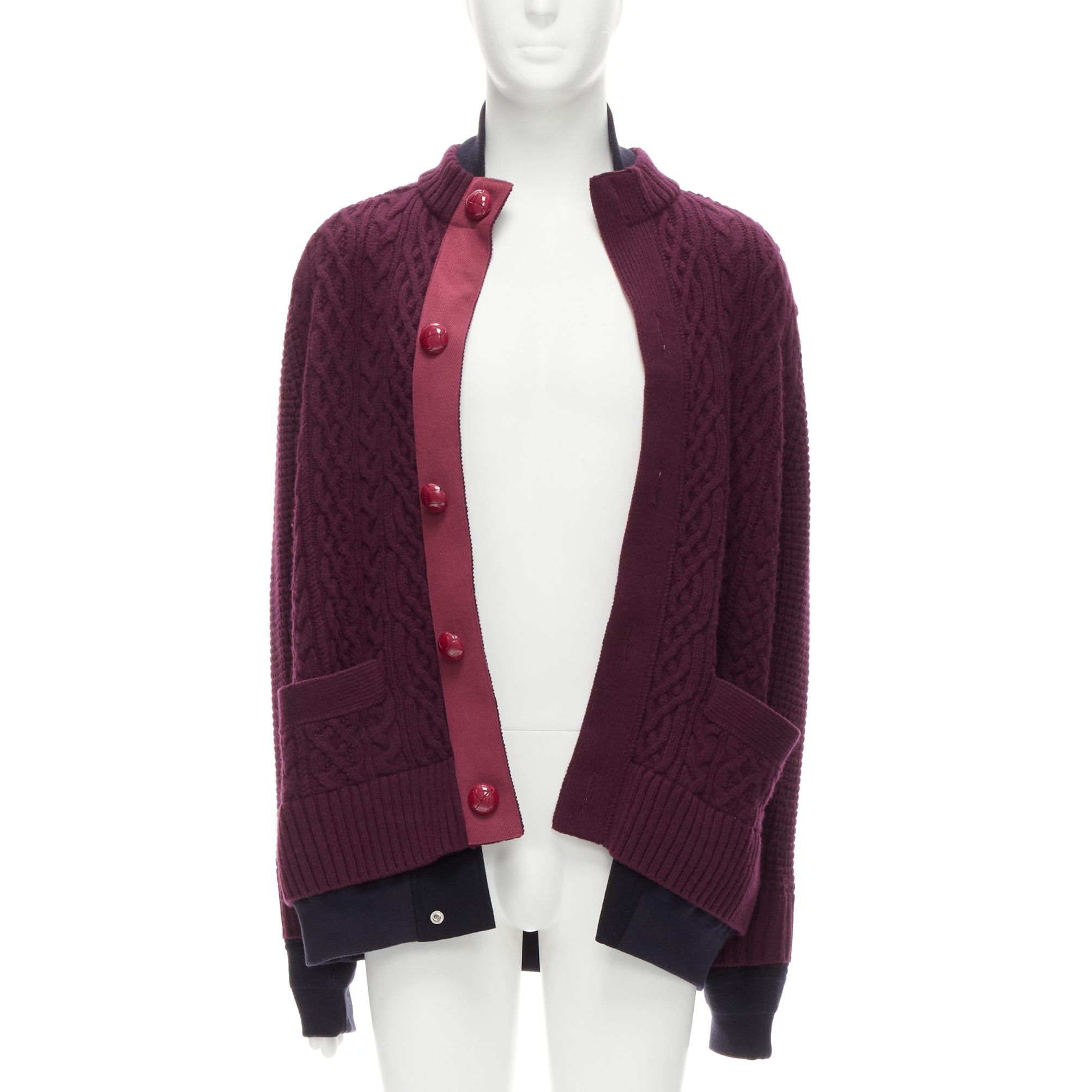 Sacai SACAI 2016 burgundy 100% wool cable knit layered hem cardigan JP3 L Size US L / EU 52-54 / 3 - 3 Thumbnail