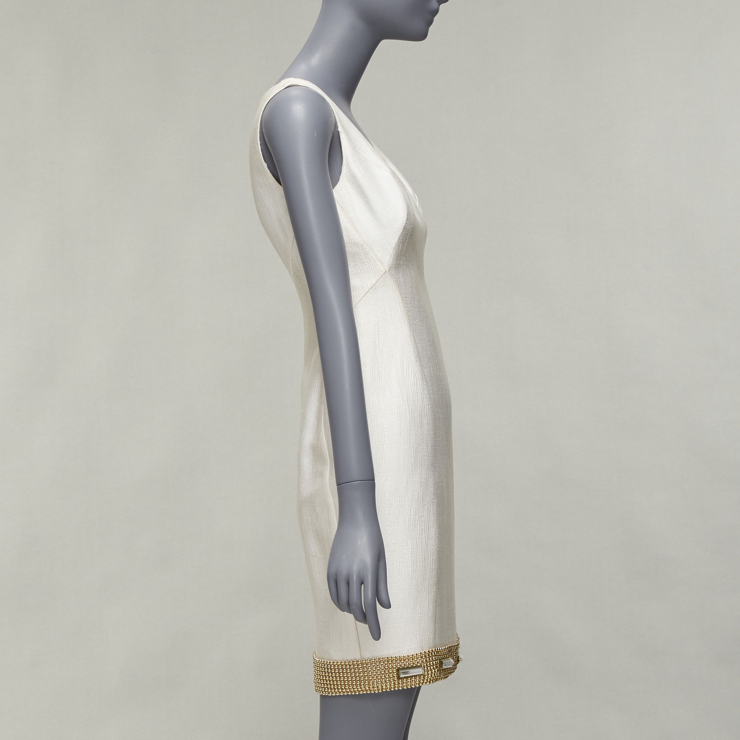 Versace VERSACE cream gold bead clear crystal embellished hem shift dress IT38 XS Size XS / US 0-2 / IT 36-38 - 4 Thumbnail
