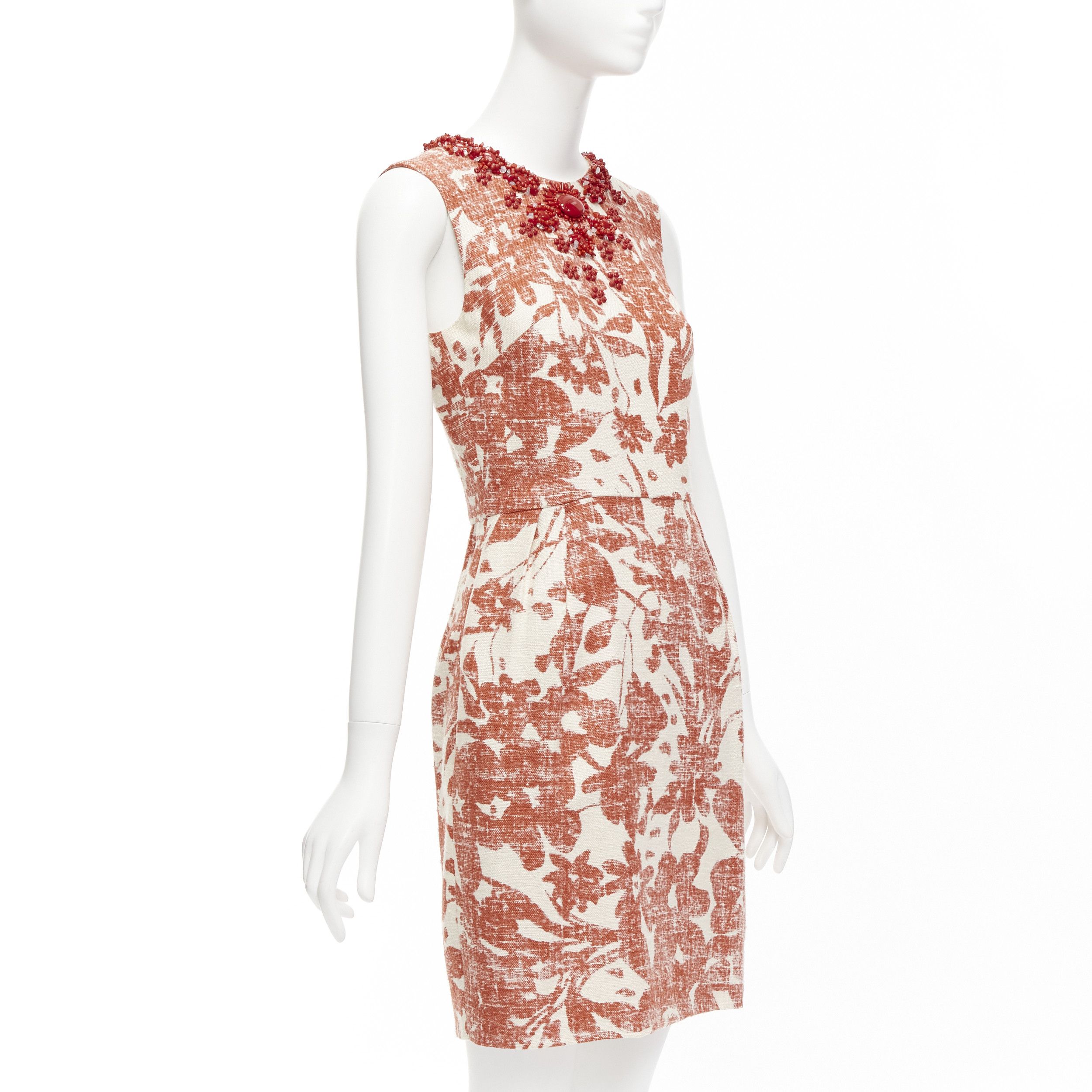 Monique Lhuillier MONIQUE LHUILLIER cream red floral embellished collar sheath dress Size M / US 6-8 / IT 42-44 - 3 Thumbnail