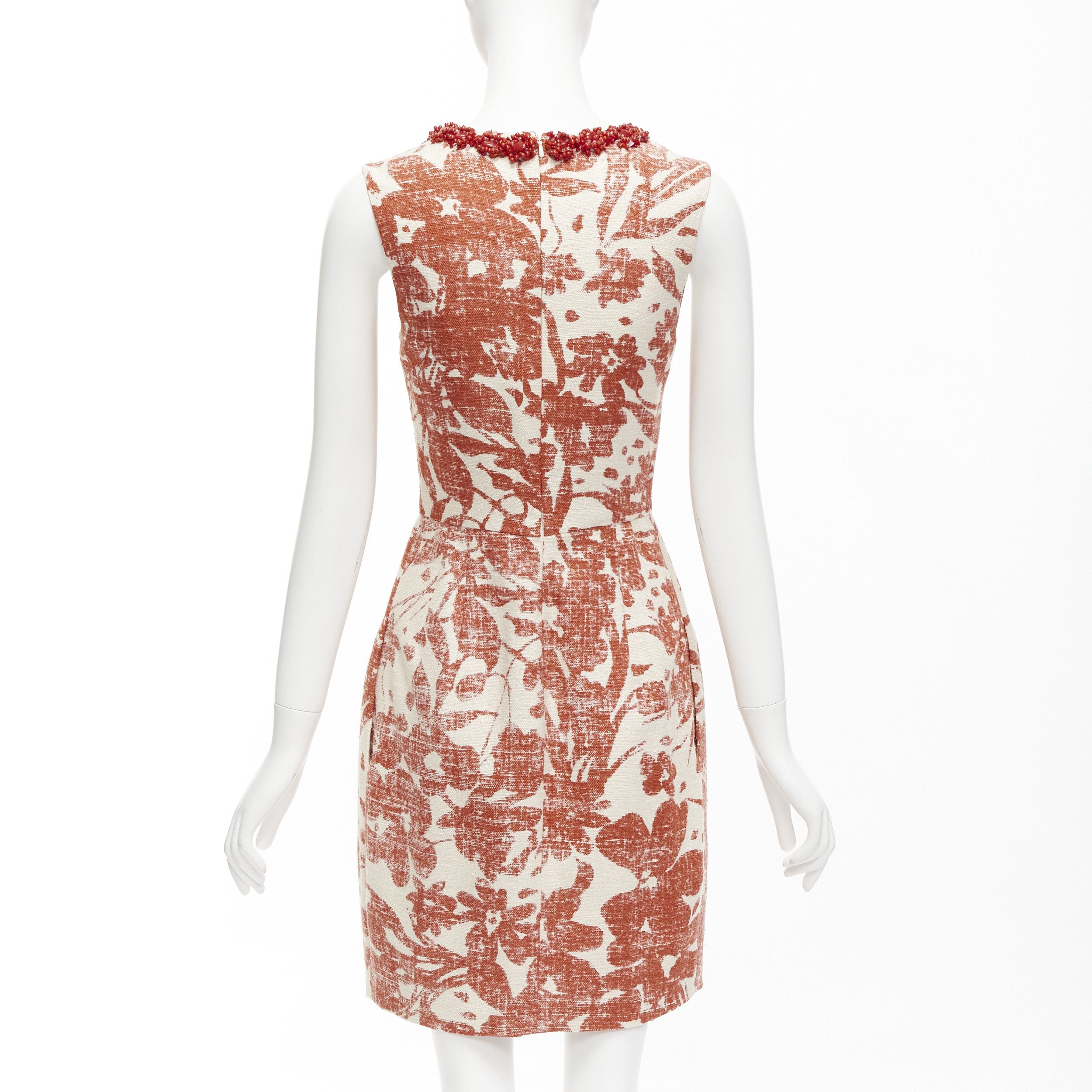 Monique Lhuillier MONIQUE LHUILLIER cream red floral embellished collar sheath dress Size M / US 6-8 / IT 42-44 - 5 Thumbnail