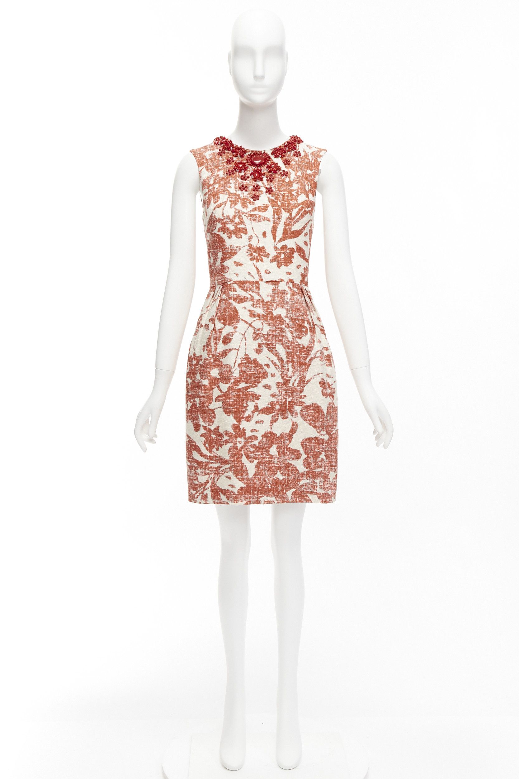 Monique Lhuillier MONIQUE LHUILLIER cream red floral embellished collar sheath dress Size M / US 6-8 / IT 42-44 - 9 Thumbnail