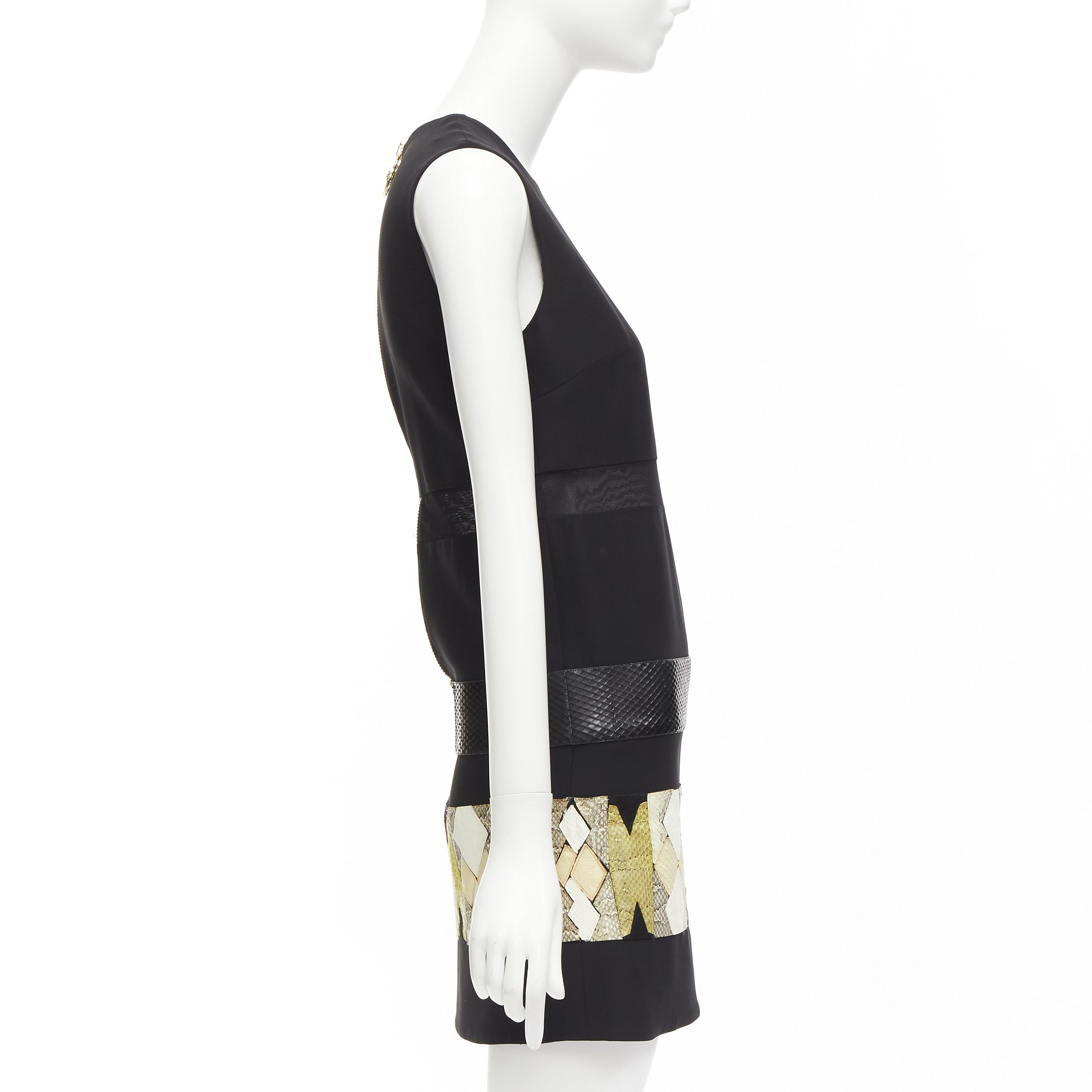 Versace VERSACE 2014 black scaled leather patchwork sheer panel mod mini shift dress Size S / US 4 / IT 40 - 4 Thumbnail