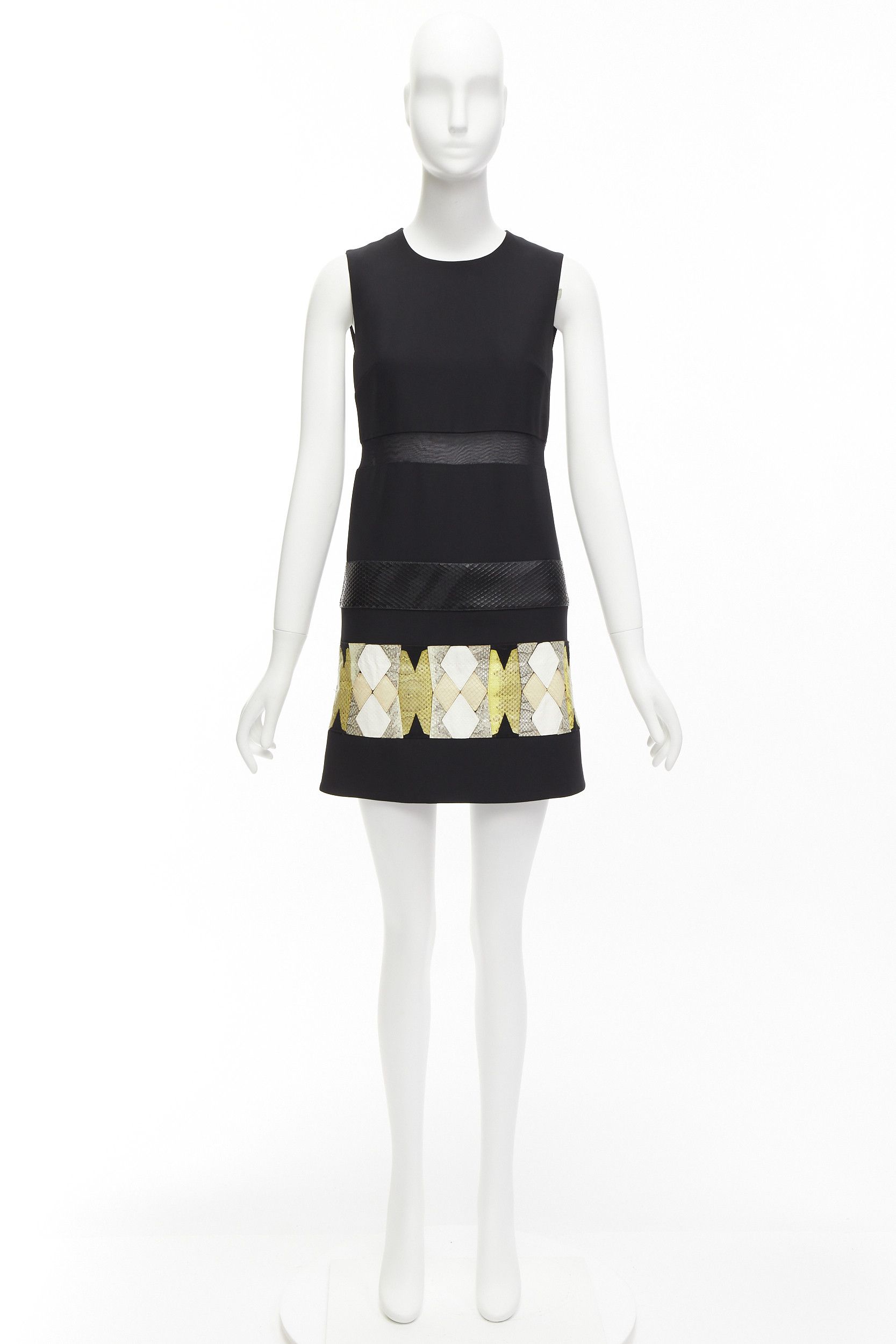 Versace VERSACE 2014 black scaled leather patchwork sheer panel mod mini shift dress Size S / US 4 / IT 40 - 9 Thumbnail
