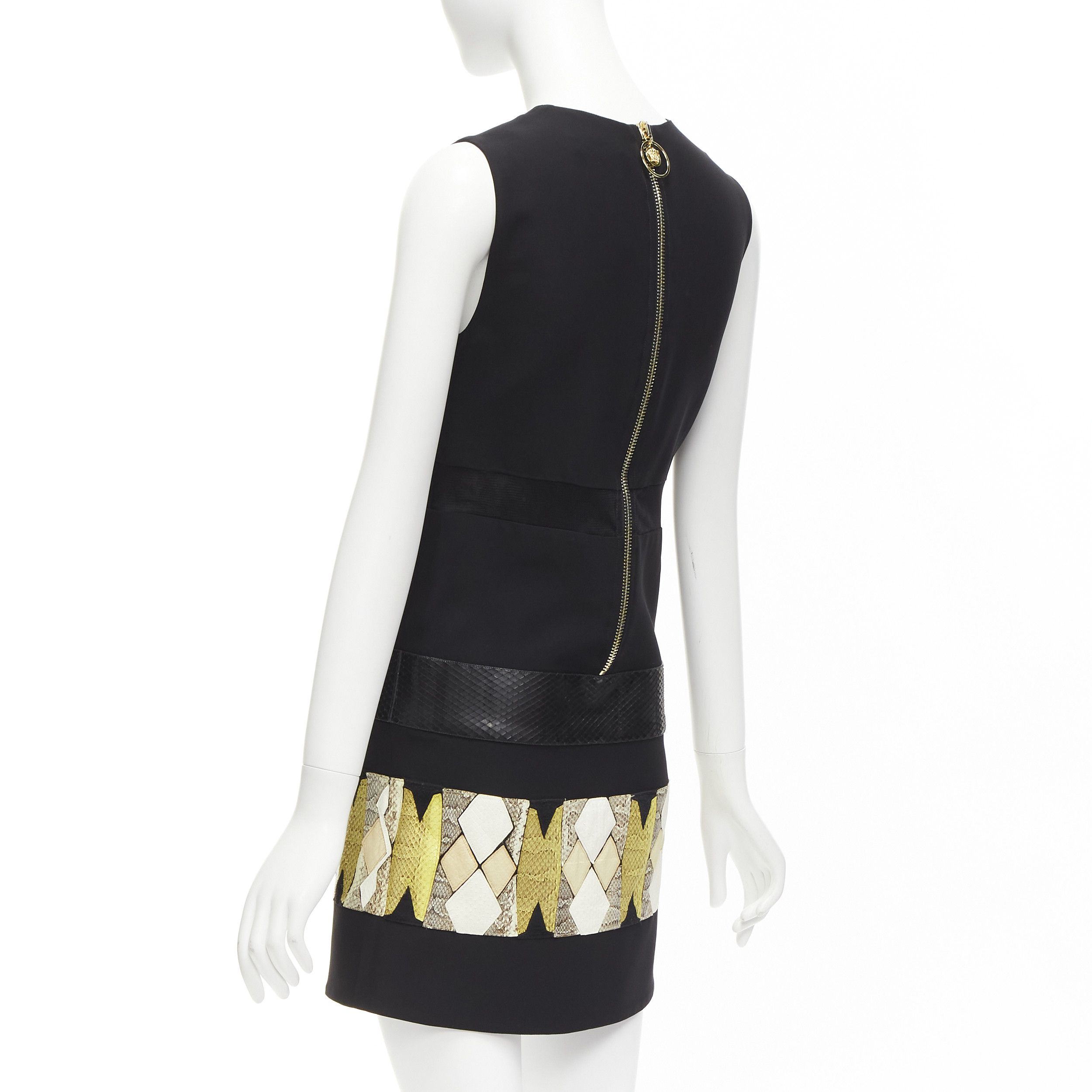 Versace VERSACE 2014 black scaled leather patchwork sheer panel mod mini shift dress Size S / US 4 / IT 40 - 6 Thumbnail