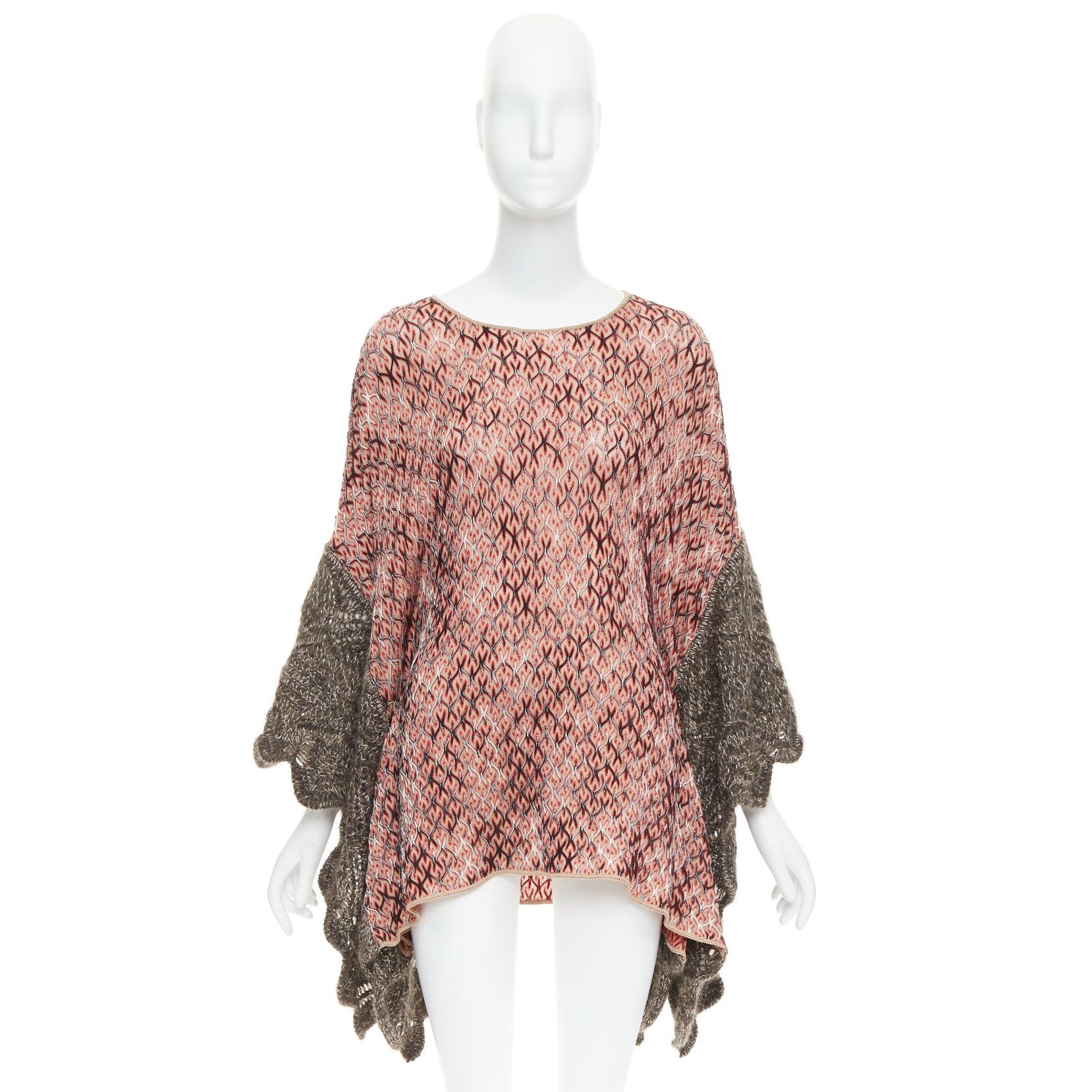 Missoni MISSONI red brown wool blend signature chevron contrast knit poncho sweater Size M / US 6-8 / IT 42-44 - 9 Thumbnail