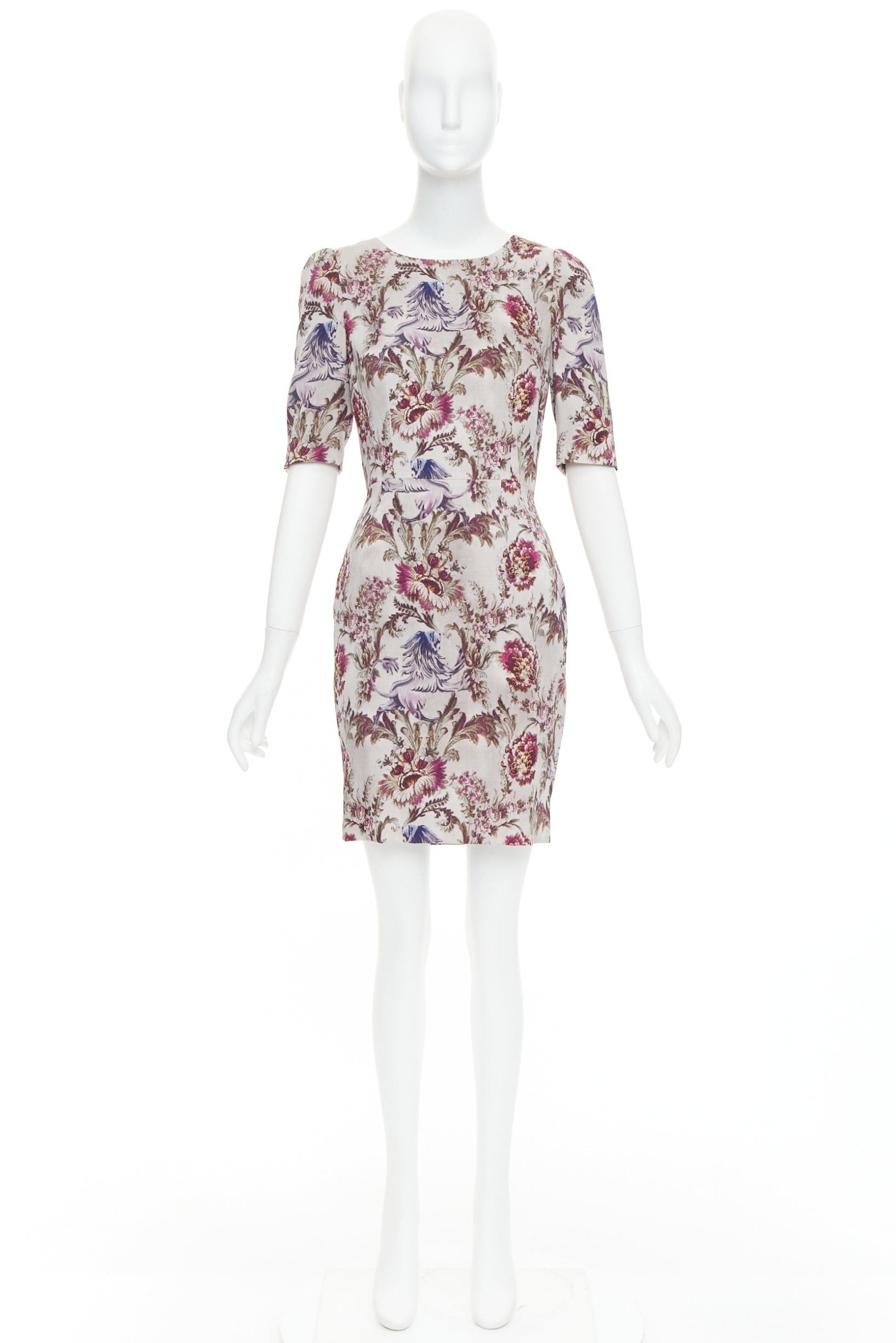 Dolce & Gabbana DOLCE GABBANA purple grey silk Barocco flower print sheath dress IT42 M Size M / US 6-8 / IT 42-44 - 9 Thumbnail