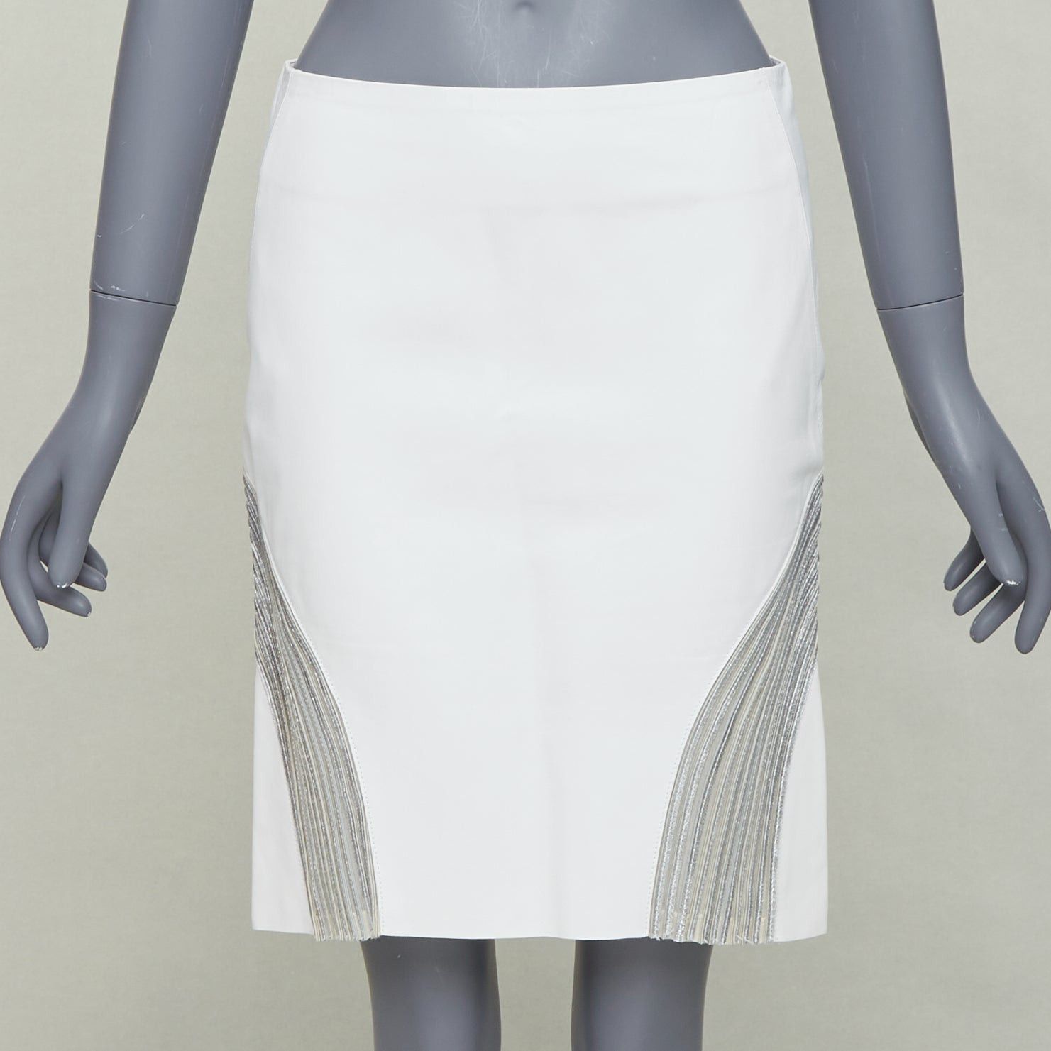 Jitrois JEAN CLAUDE JITROIS white leather silver silk applique pencil skirt IT36 XXS Size 25" / US 0 / IT 36 - 3 Thumbnail