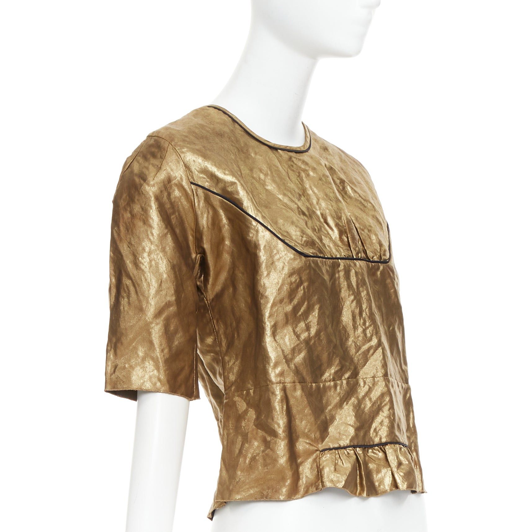 Marni MARNI 2010 metallic gold coated black piped boxy half sleeved cropped top IT40 S Size S / US 4 / IT 40 - 3 Thumbnail