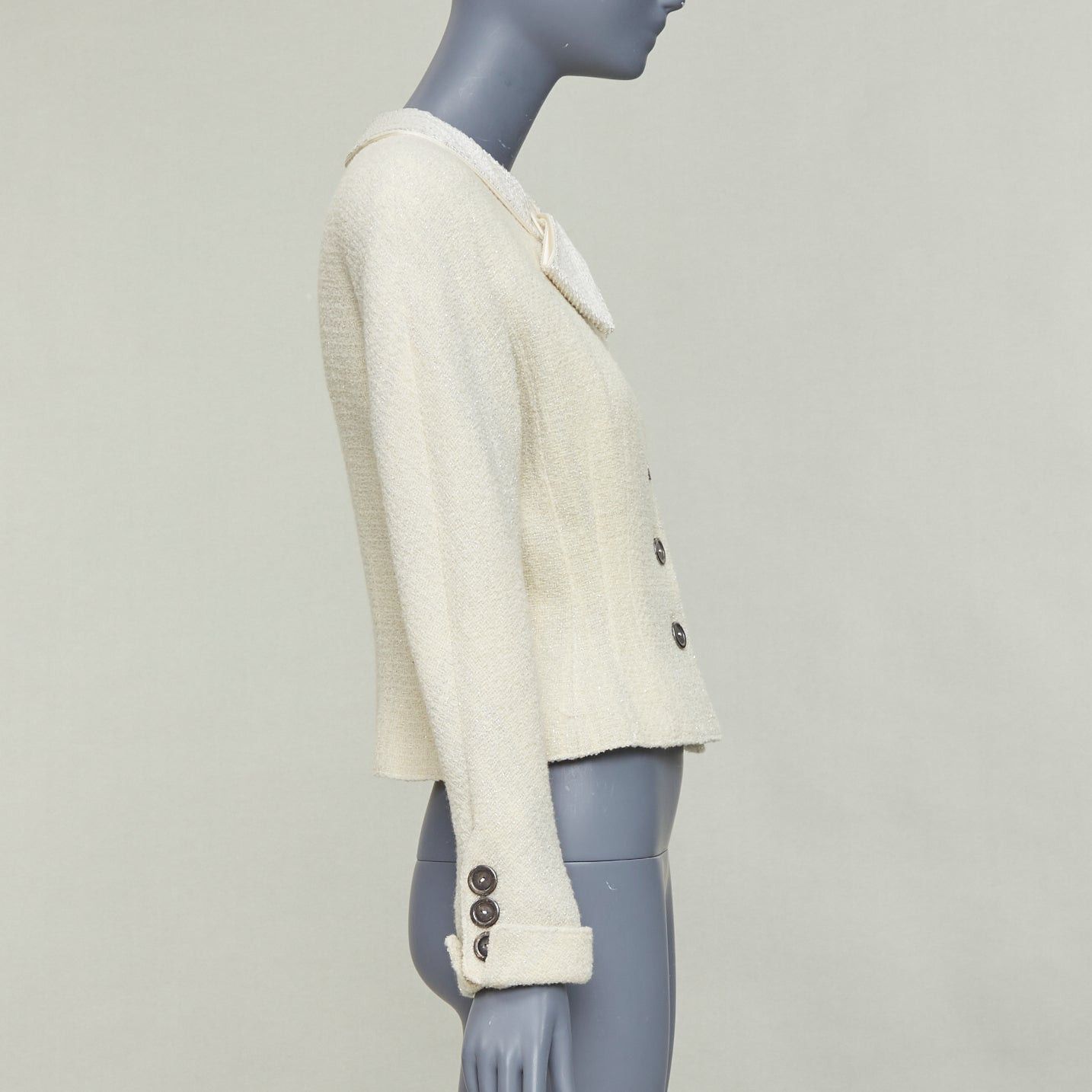 Valentino VALENTINO BOUTIQUE Vintage cream wool tweed beaded collar contour bar jacket US8 Size M / US 6-8 / IT 42-44 - 5 Thumbnail