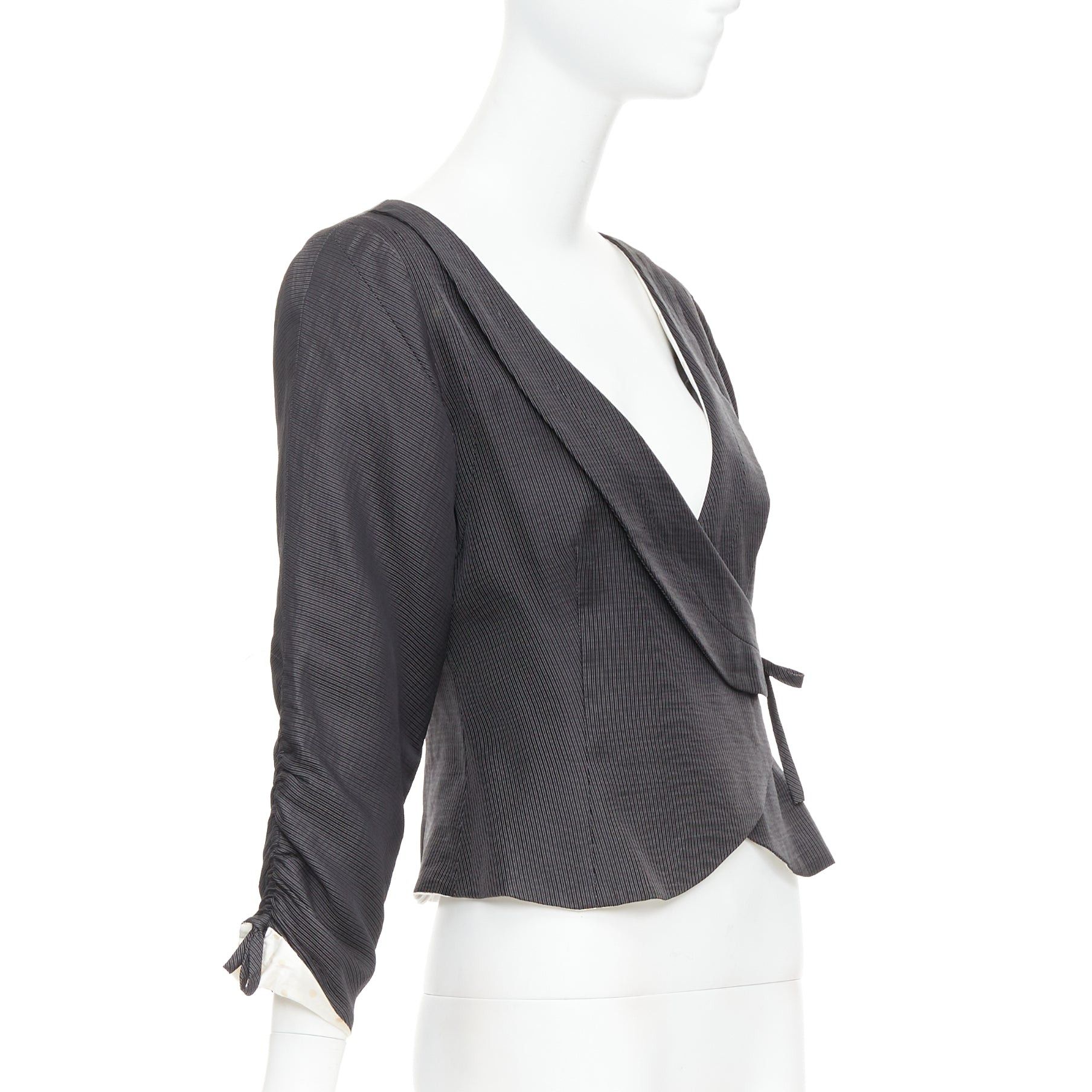 Giorgio Armani GIORGIO ARMANI grey ramie blend ruched kimono wrap crop blazer IT38 XS Size XS / US 0-2 / IT 36-38 - 3 Thumbnail