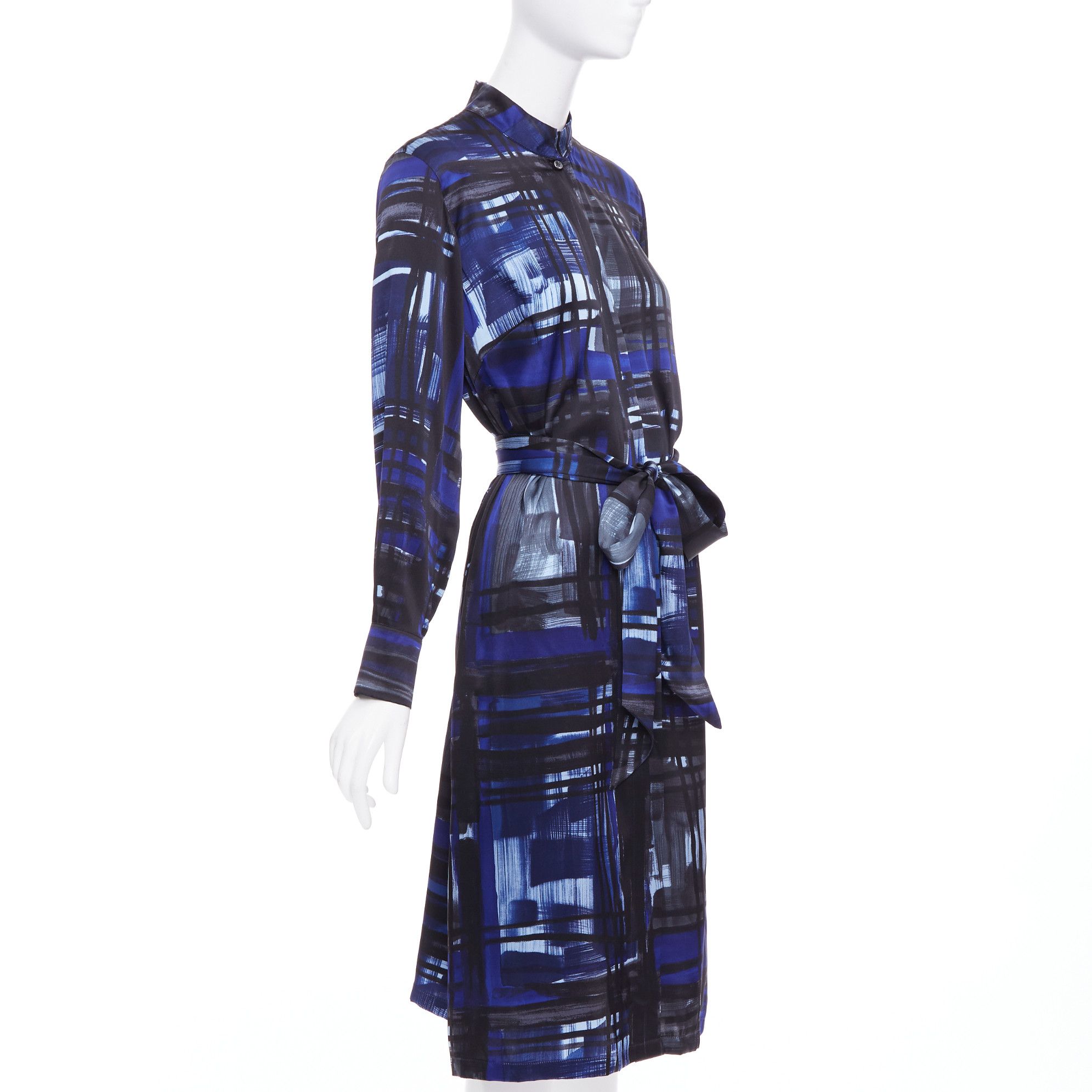 Marina Rinaldi MARINA RINALDI 100% silk blue black brush print belted shirt dress Sz.15 M Size M / US 6-8 / IT 42-44 - 3 Thumbnail