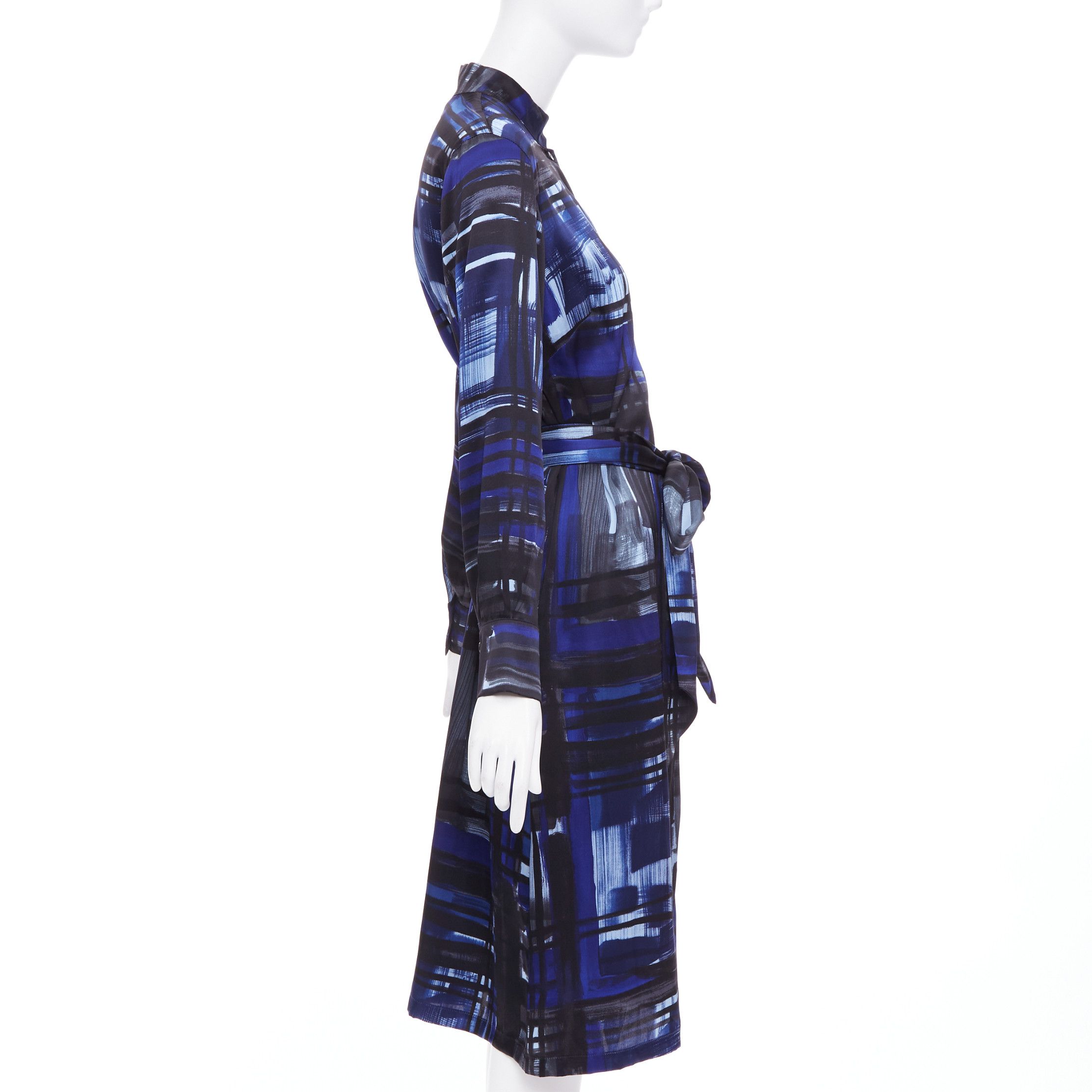 Marina Rinaldi MARINA RINALDI 100% silk blue black brush print belted shirt dress Sz.15 M Size M / US 6-8 / IT 42-44 - 4 Thumbnail