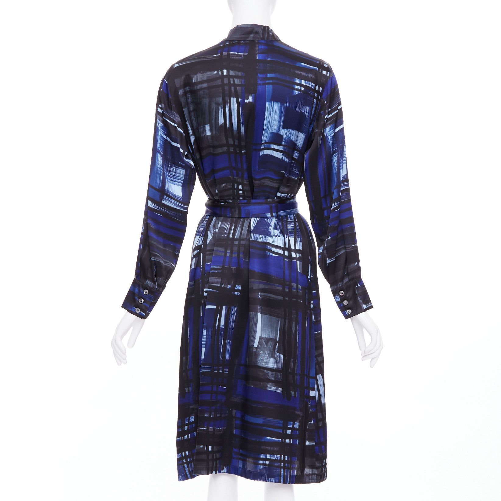 Marina Rinaldi MARINA RINALDI 100% silk blue black brush print belted shirt dress Sz.15 M Size M / US 6-8 / IT 42-44 - 5 Thumbnail