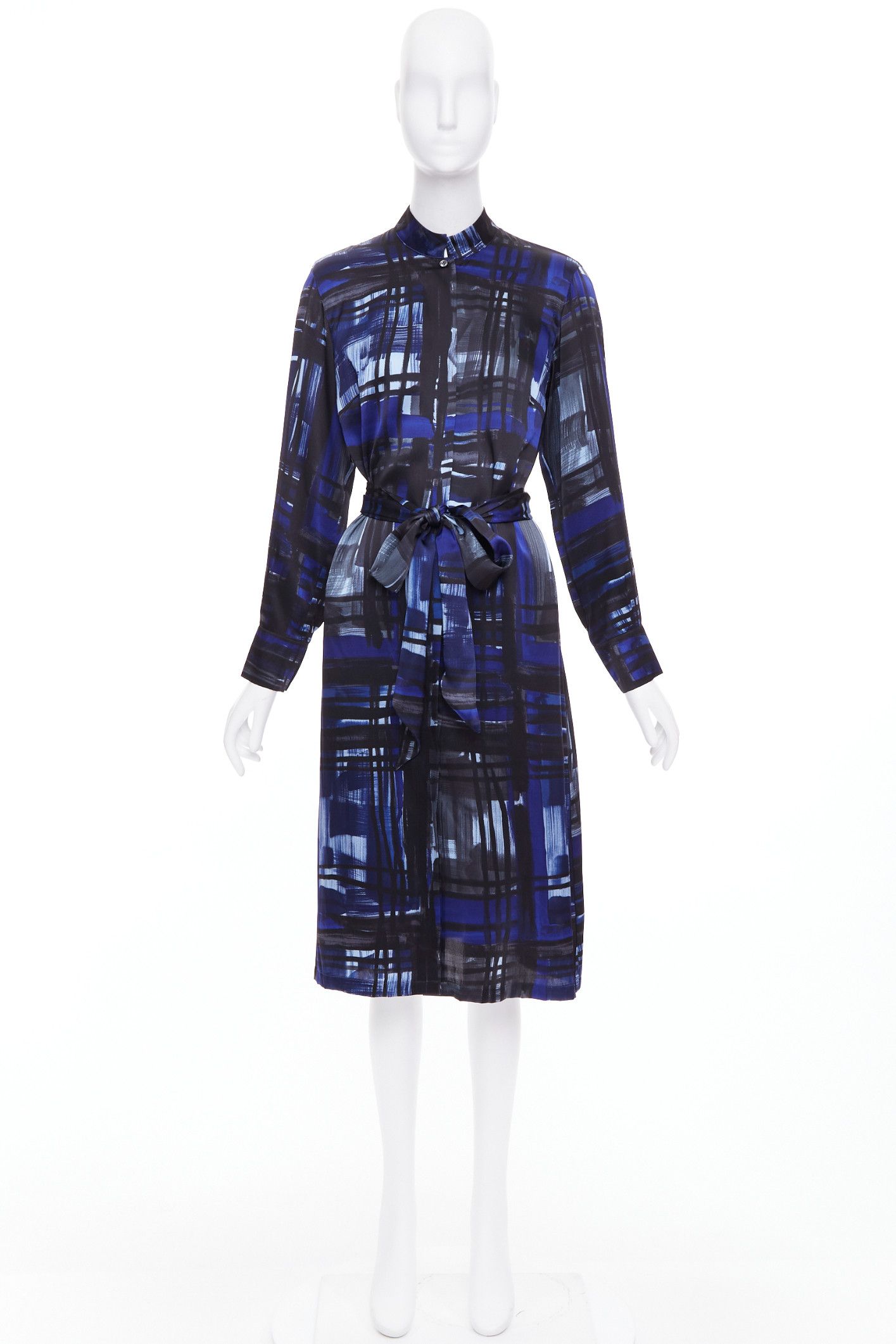 Marina Rinaldi MARINA RINALDI 100% silk blue black brush print belted shirt dress Sz.15 M Size M / US 6-8 / IT 42-44 - 9 Thumbnail
