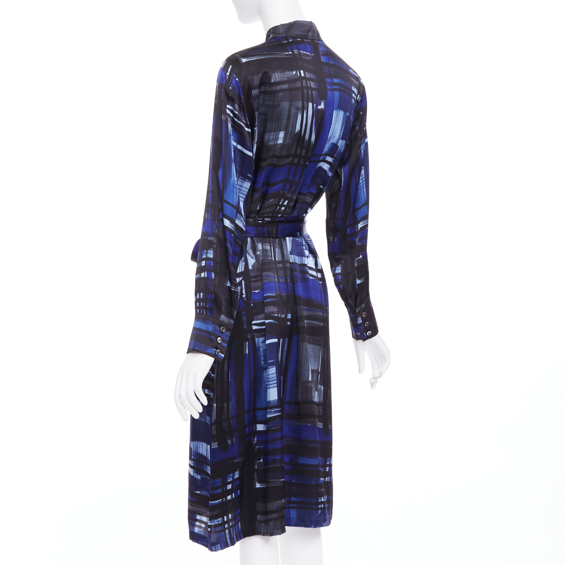 Marina Rinaldi MARINA RINALDI 100% silk blue black brush print belted shirt dress Sz.15 M Size M / US 6-8 / IT 42-44 - 6 Thumbnail