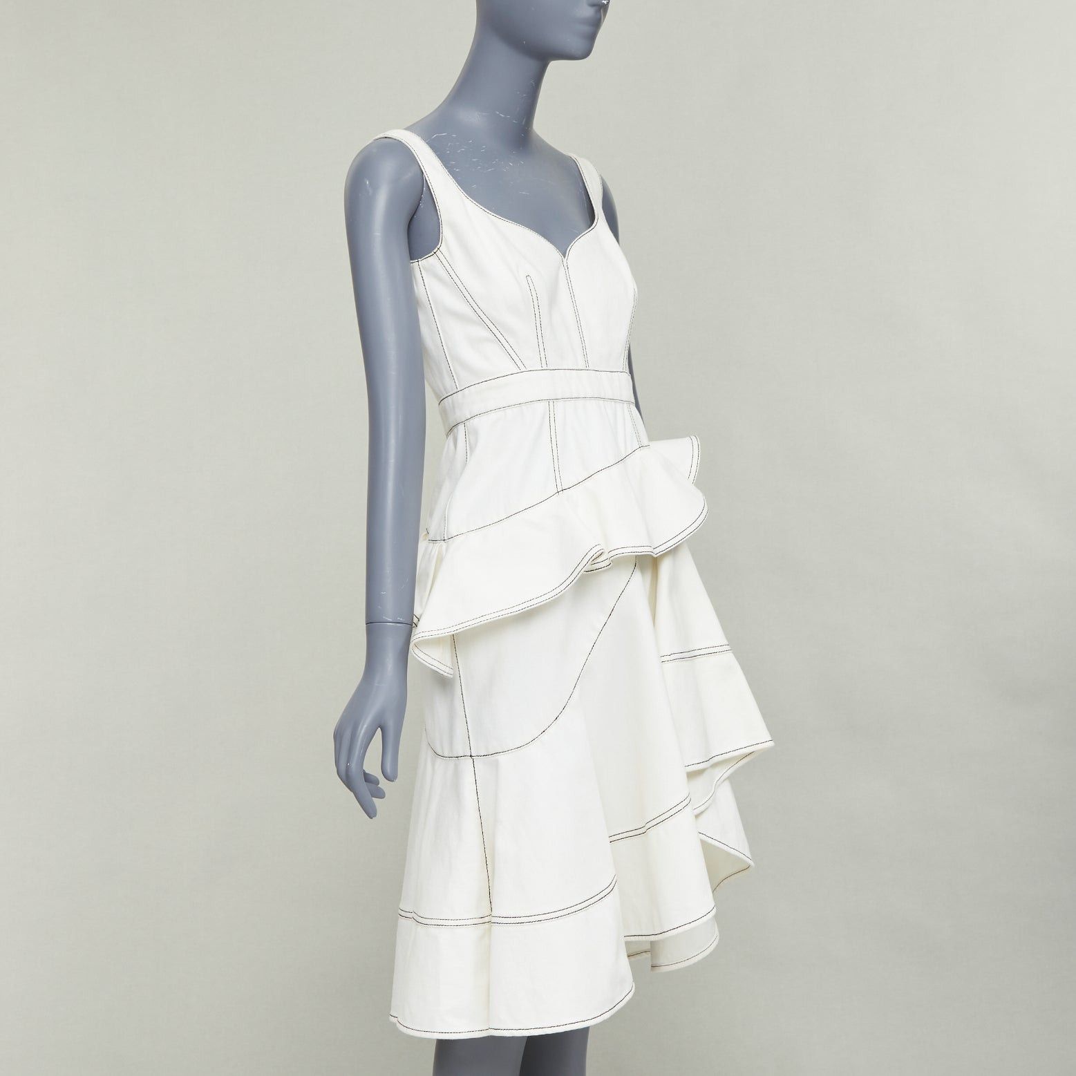 Alexander McQueen ALEXANDER MCQUEEN 2019 cream denim black topstitch ruffle peplum midi dress IT40 M Size S / US 4 / IT 40 - 3 Thumbnail