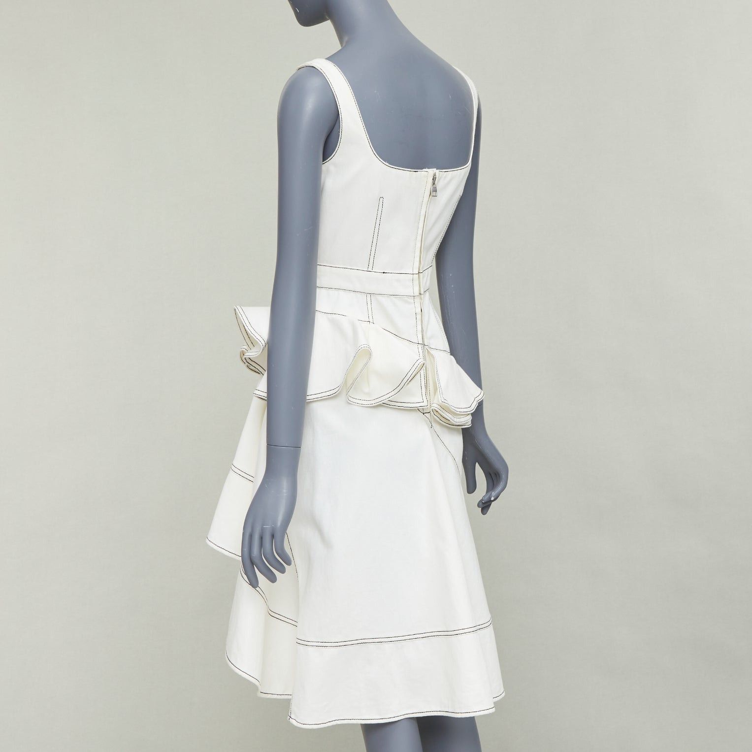 Alexander McQueen ALEXANDER MCQUEEN 2019 cream denim black topstitch ruffle peplum midi dress IT40 M Size S / US 4 / IT 40 - 6 Thumbnail