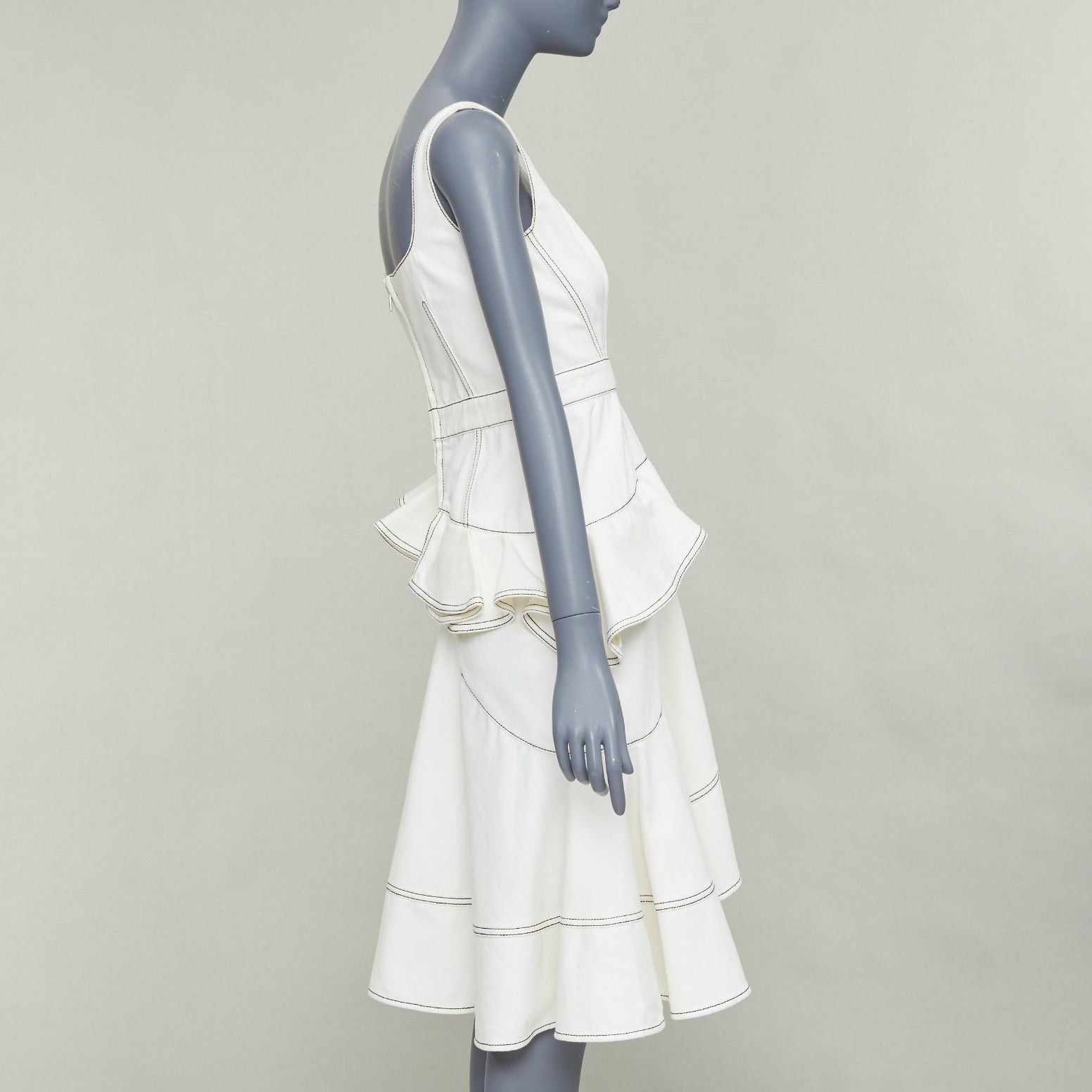 Alexander McQueen ALEXANDER MCQUEEN 2019 cream denim black topstitch ruffle peplum midi dress IT40 M Size S / US 4 / IT 40 - 4 Thumbnail