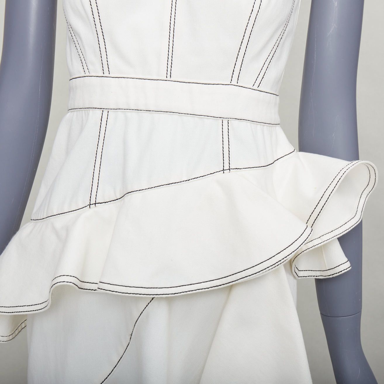Alexander McQueen ALEXANDER MCQUEEN 2019 cream denim black topstitch ruffle peplum midi dress IT40 M Size S / US 4 / IT 40 - 2 Thumbnail