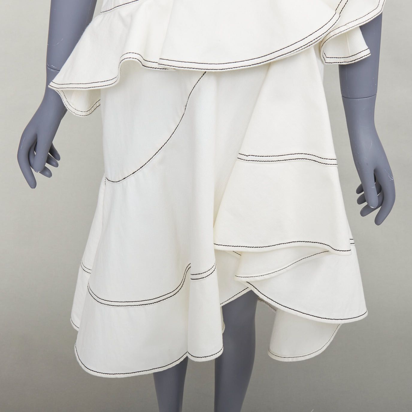 Alexander McQueen ALEXANDER MCQUEEN 2019 cream denim black topstitch ruffle peplum midi dress IT40 M Size S / US 4 / IT 40 - 7 Thumbnail