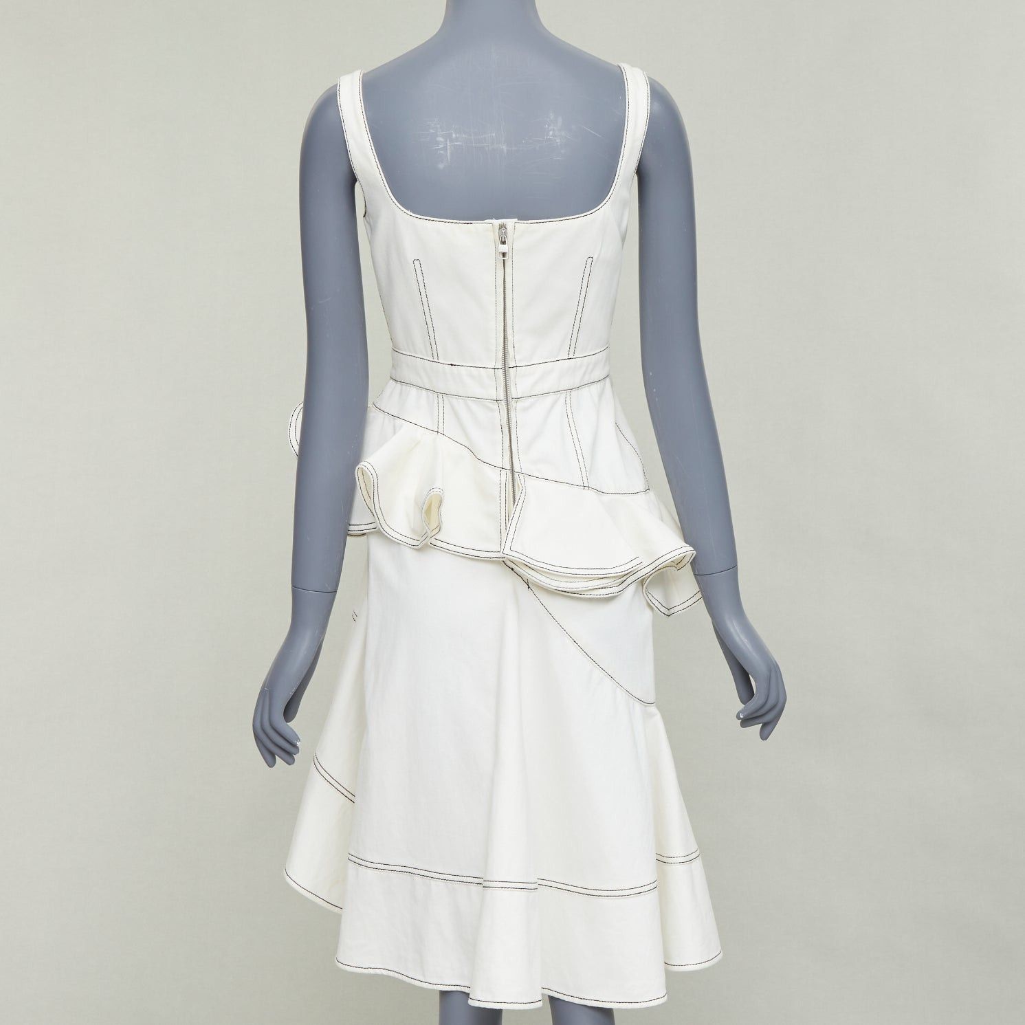Alexander McQueen ALEXANDER MCQUEEN 2019 cream denim black topstitch ruffle peplum midi dress IT40 M Size S / US 4 / IT 40 - 5 Thumbnail
