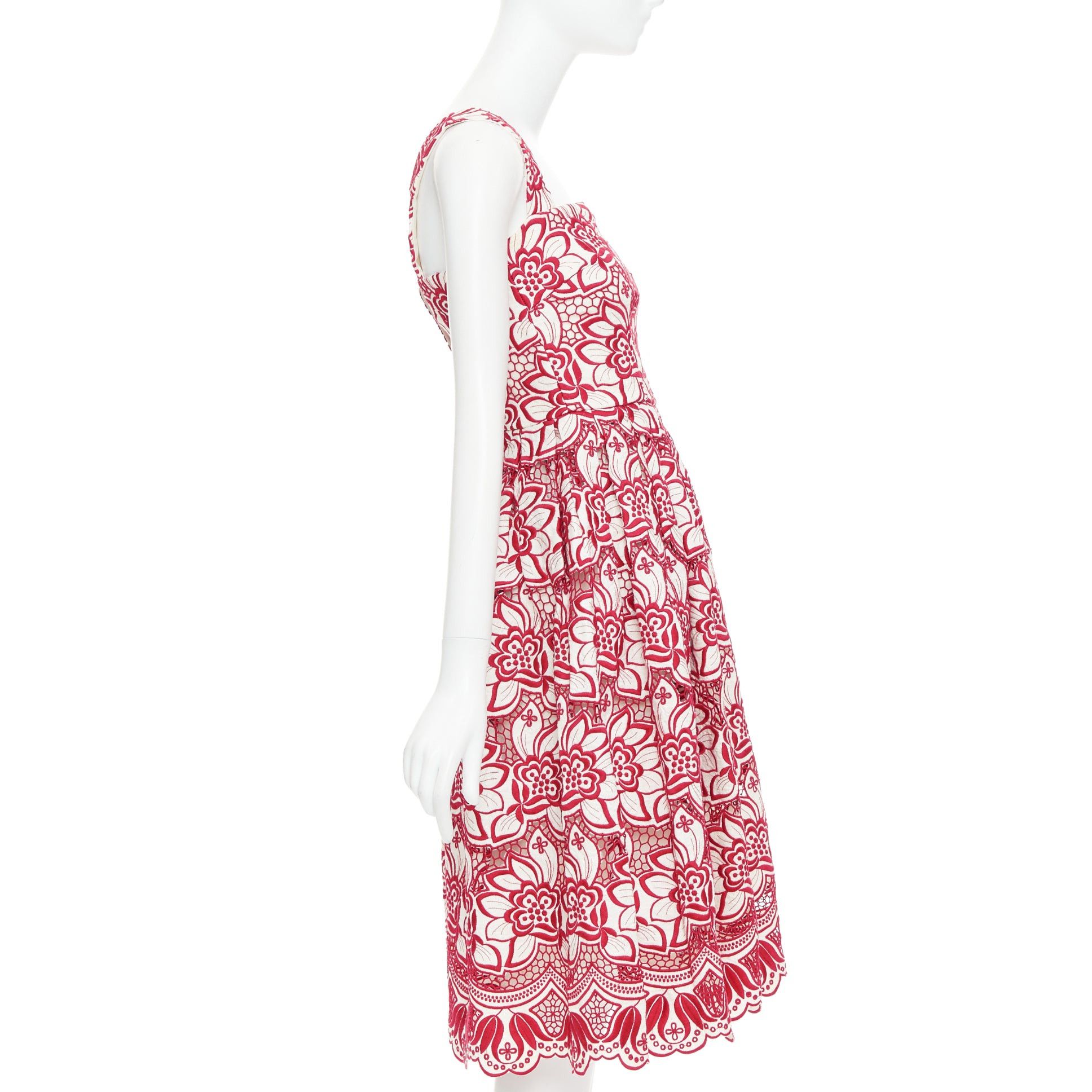 Dolce & Gabbana DOLCE GABBANA 2021 red cream floral embroidery anglais flared sun dress IT38 XS Size XS / US 0-2 / IT 36-38 - 4 Thumbnail